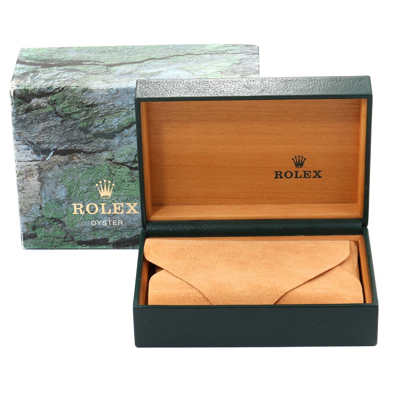 This image shows the packaging for a Rolex Date 15223 Men's Steel and Gold (two tone) Silver Dial 15223 Men's Steel and Gold (two tone) Silver Dial model, including a green outer box and an open wooden inner box.