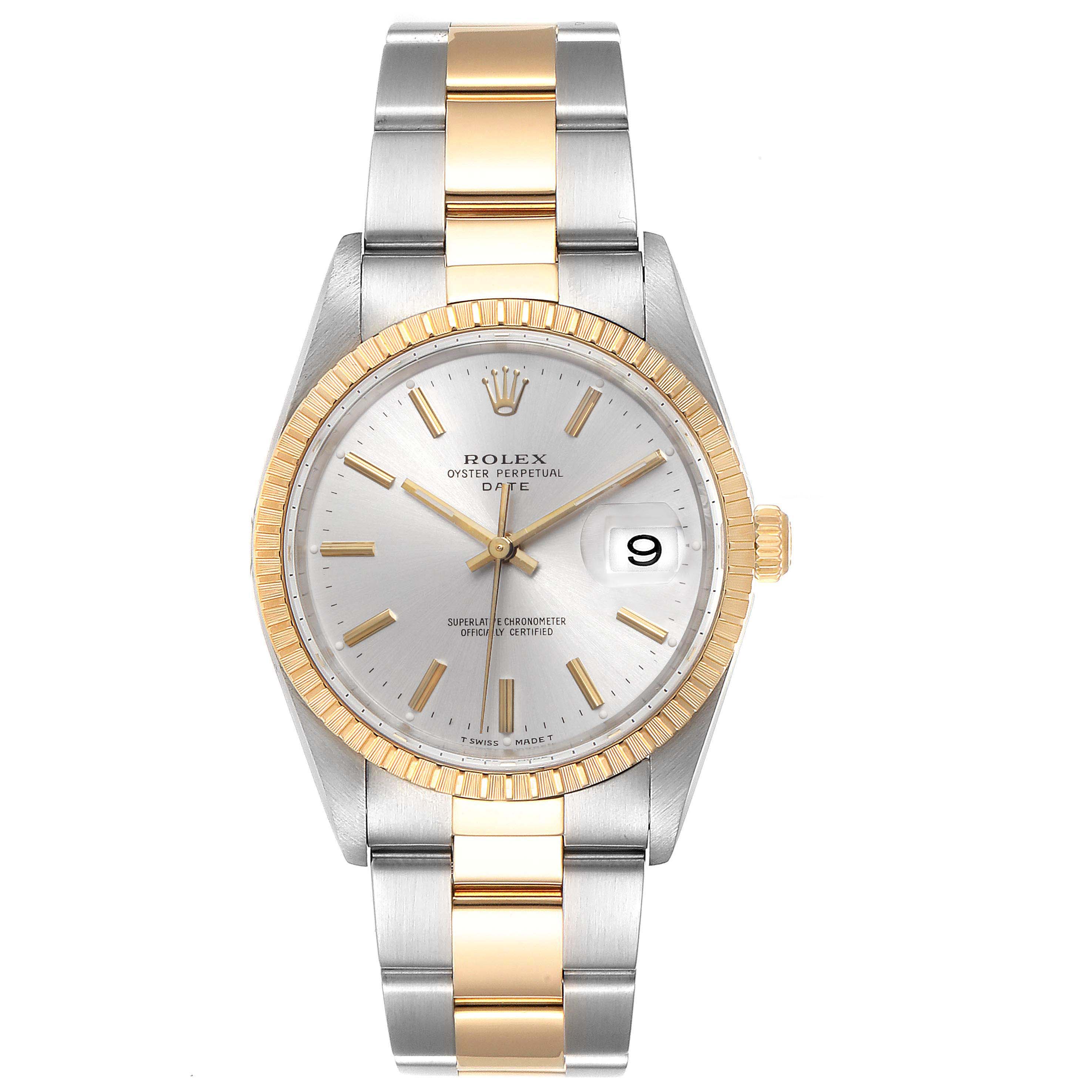 The image shows a front view of the Rolex Date 15223 Men's Steel and Gold (two tone) Silver Dial 15223 Men's Steel and Gold (two tone) Silver Dial model watch, highlighting its silver dial, gold bezel, and two-tone bracelet.