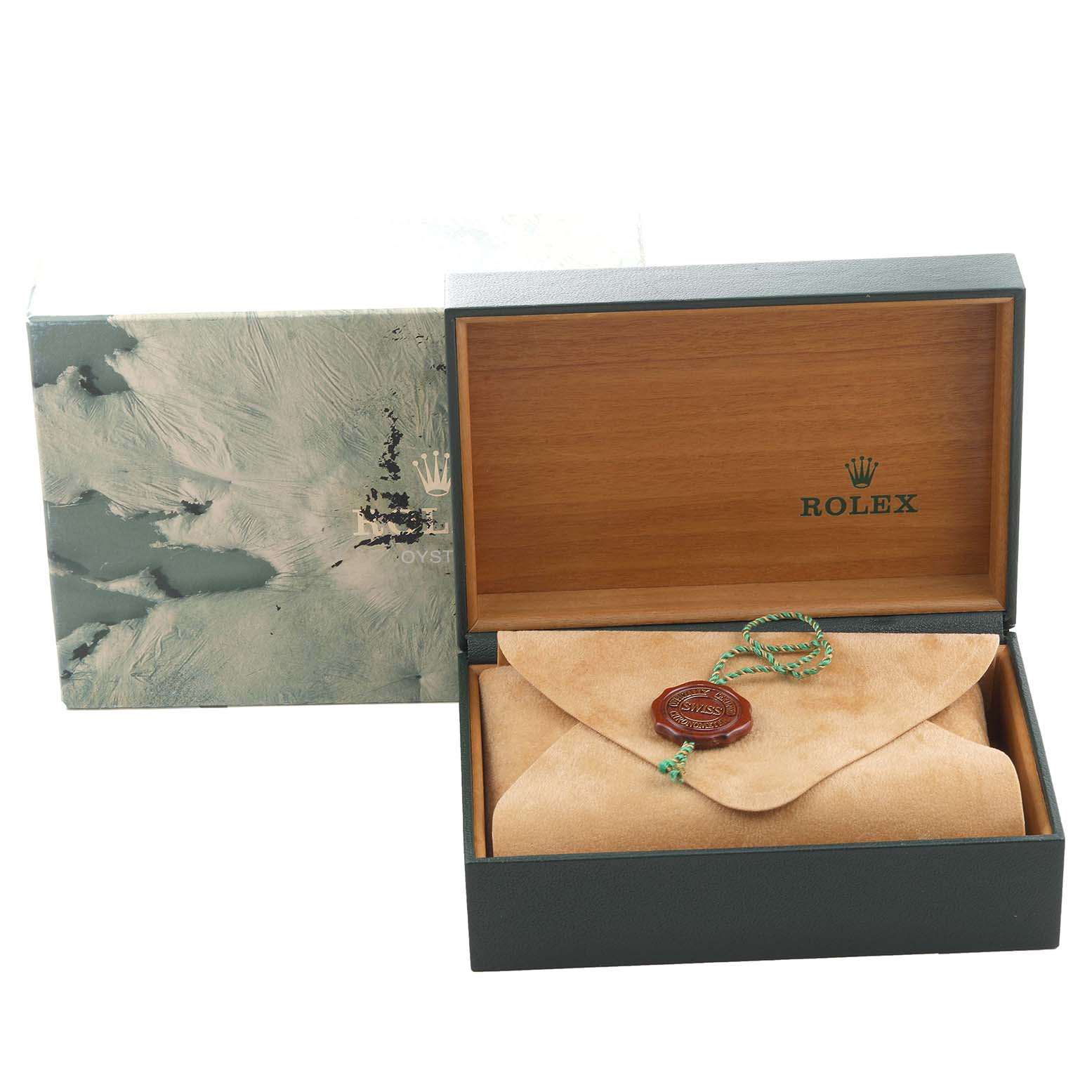 The image shows a Rolex Date 15210 Men's Stainless Steel Silver Dial 15210 Men's Stainless Steel Silver Dial model watch in its open box with a suede pouch, green seal, and an outer packaging box.