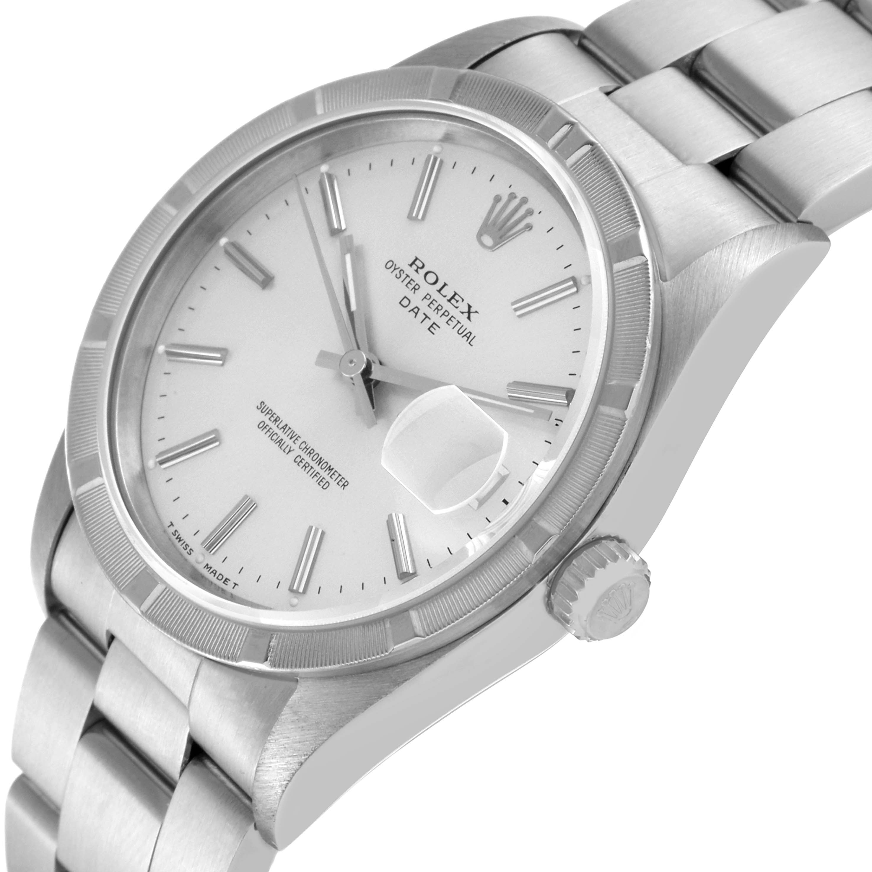 This Rolex Date 15210 Men's Stainless Steel Silver Dial 15210 Men's Stainless Steel Silver Dial model watch is shown at an angled view, highlighting its face, crown, and partially the bracelet.
