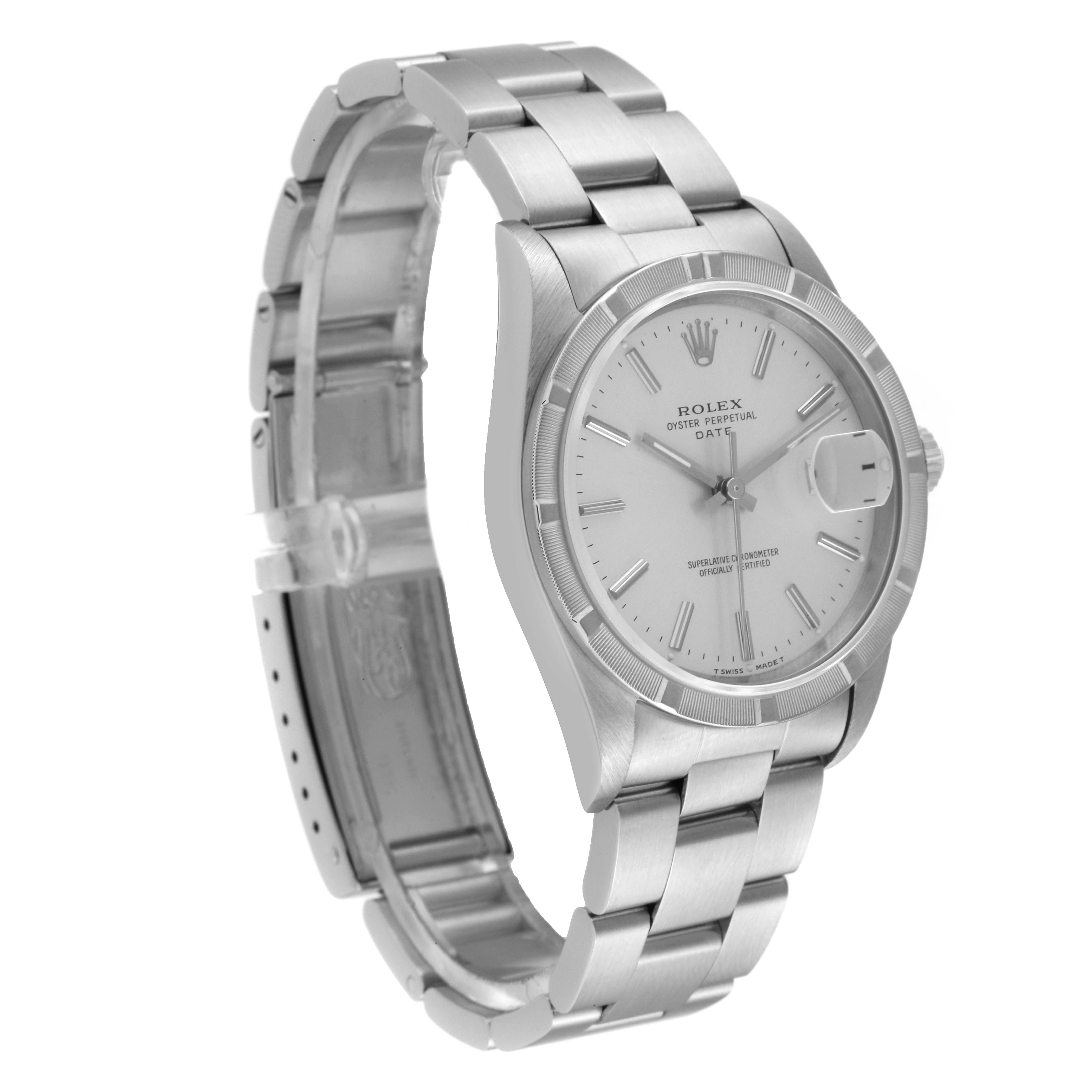 The Rolex Date 15210 Men's Stainless Steel Silver Dial 15210 Men's Stainless Steel Silver Dial model watch is shown at an angled side view displaying its face, bracelet, and clasp.