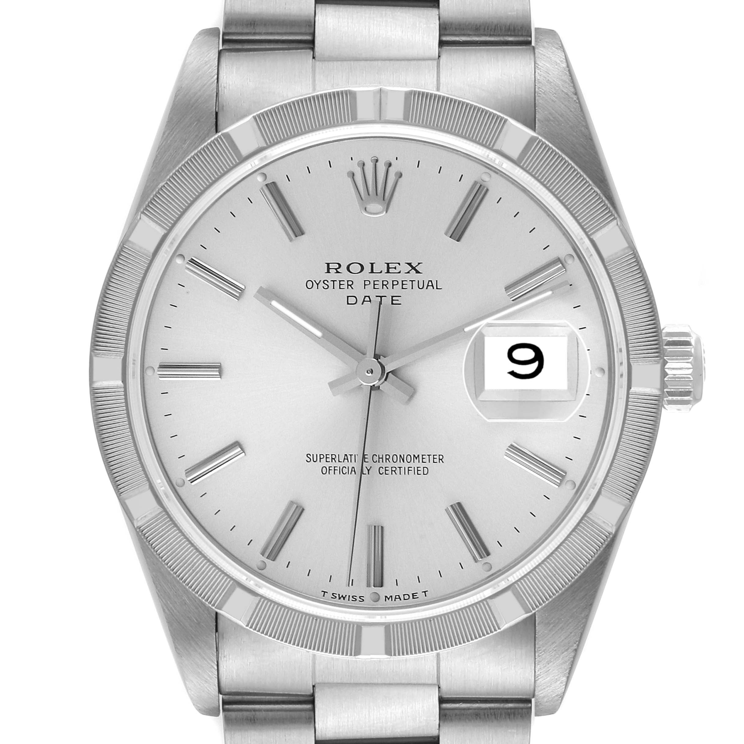 The image shows the Rolex Oyster Perpetual Date model watch from a front angle, highlighting the dial, bezel, and part of the bracelet.