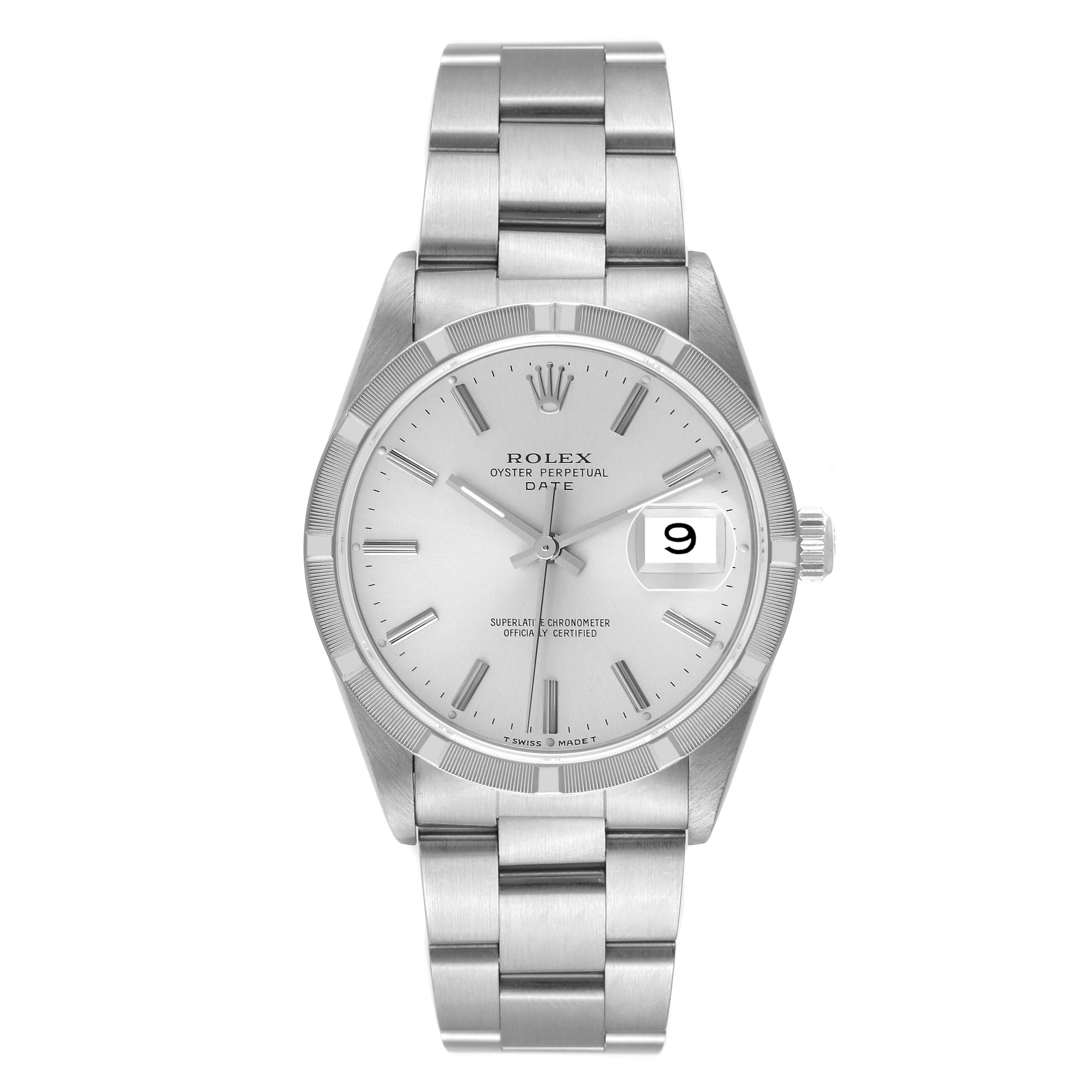 The image shows a front view of the Rolex Date 15210 Men's Stainless Steel Silver Dial 15210 Men's Stainless Steel Silver Dial model watch, displaying the dial, hour markers, hands, and bracelet.