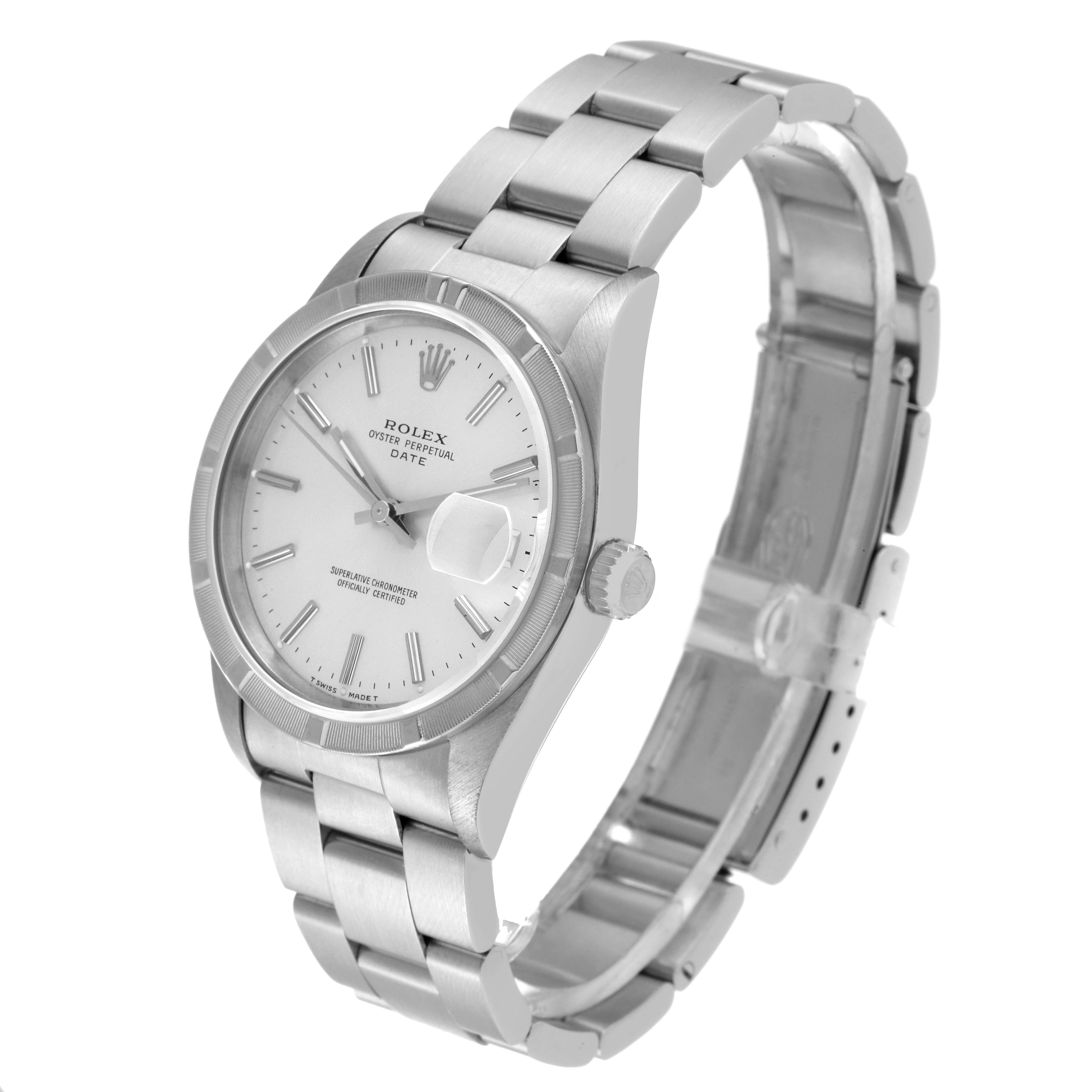 The image shows a Rolex Date 15210 Men's Stainless Steel Silver Dial 15210 Men's Stainless Steel Silver Dial model watch at a three-quarter angle, highlighting the face, bezel, case, and bracelet.