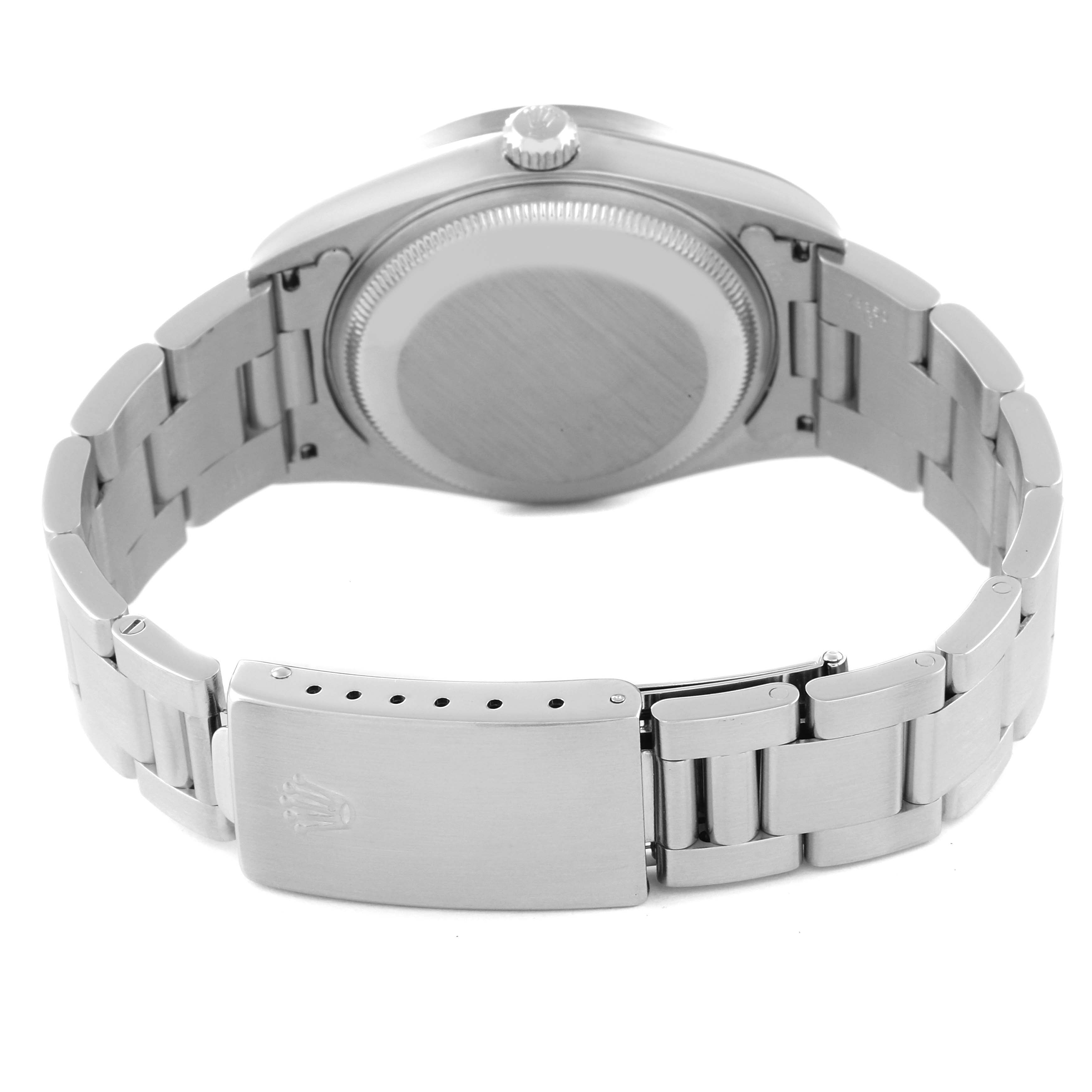 The image shows the back case and bracelet of a Rolex Date 15210 Men's Stainless Steel Silver Dial 15210 Men's Stainless Steel Silver Dial model watch with the clasp open.