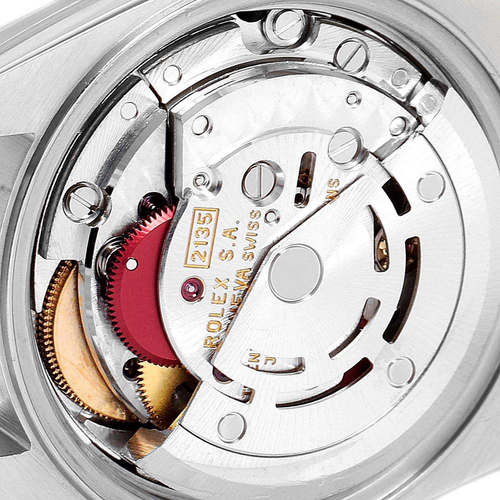 The image shows the internal mechanism of a Rolex Datejust 69173 Women
s Steel and Gold (two tone) Champagne Dial 69173 Women
s Steel and Gold (two tone) Champagne Dial watch from an angled perspective.