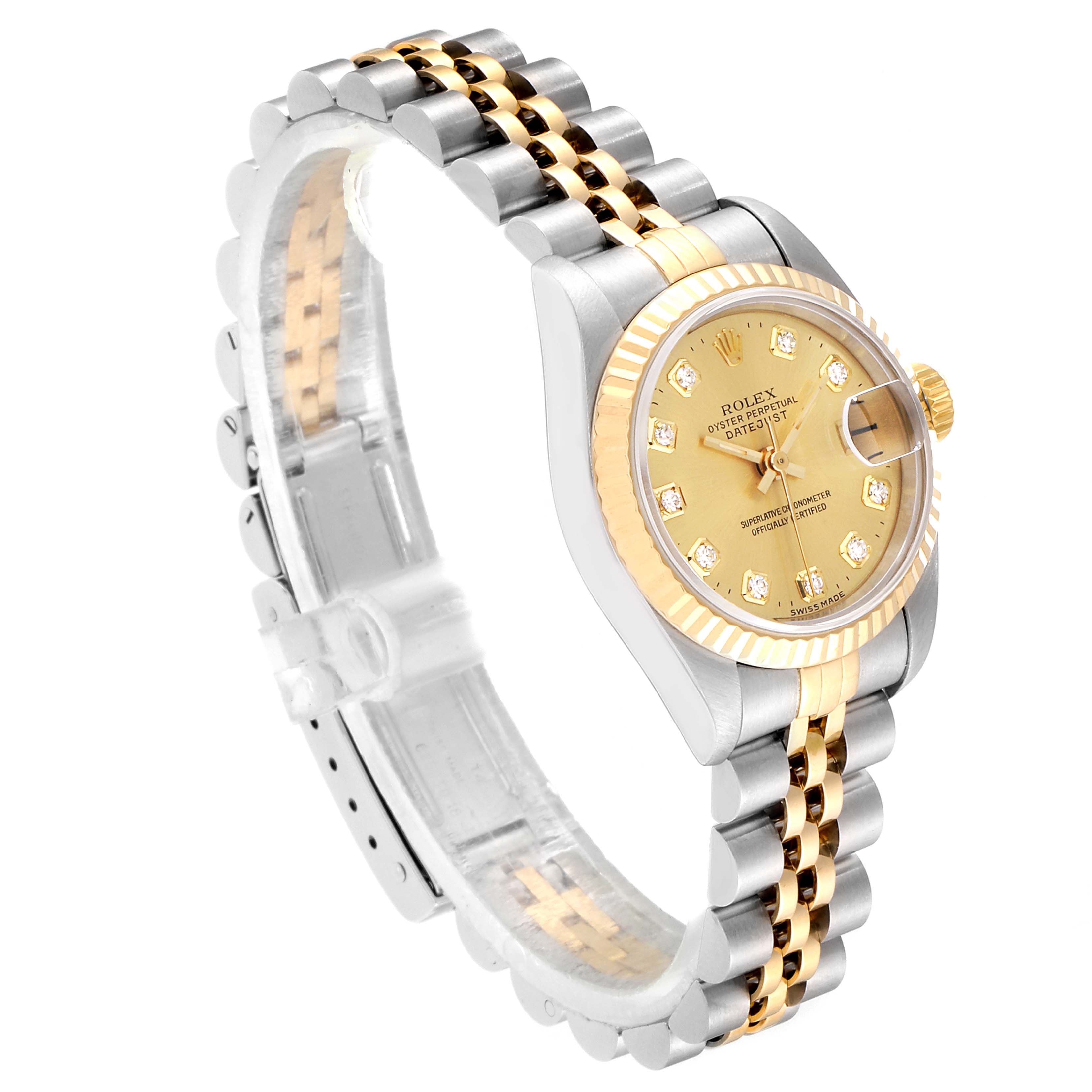 The image shows the Rolex Datejust 69173 Women
s Steel and Gold (two tone) Champagne Dial 69173 Women
s Steel and Gold (two tone) Champagne Dial watch at a three-quarter angle, showcasing its dial, bezel, and part of the bracelet.