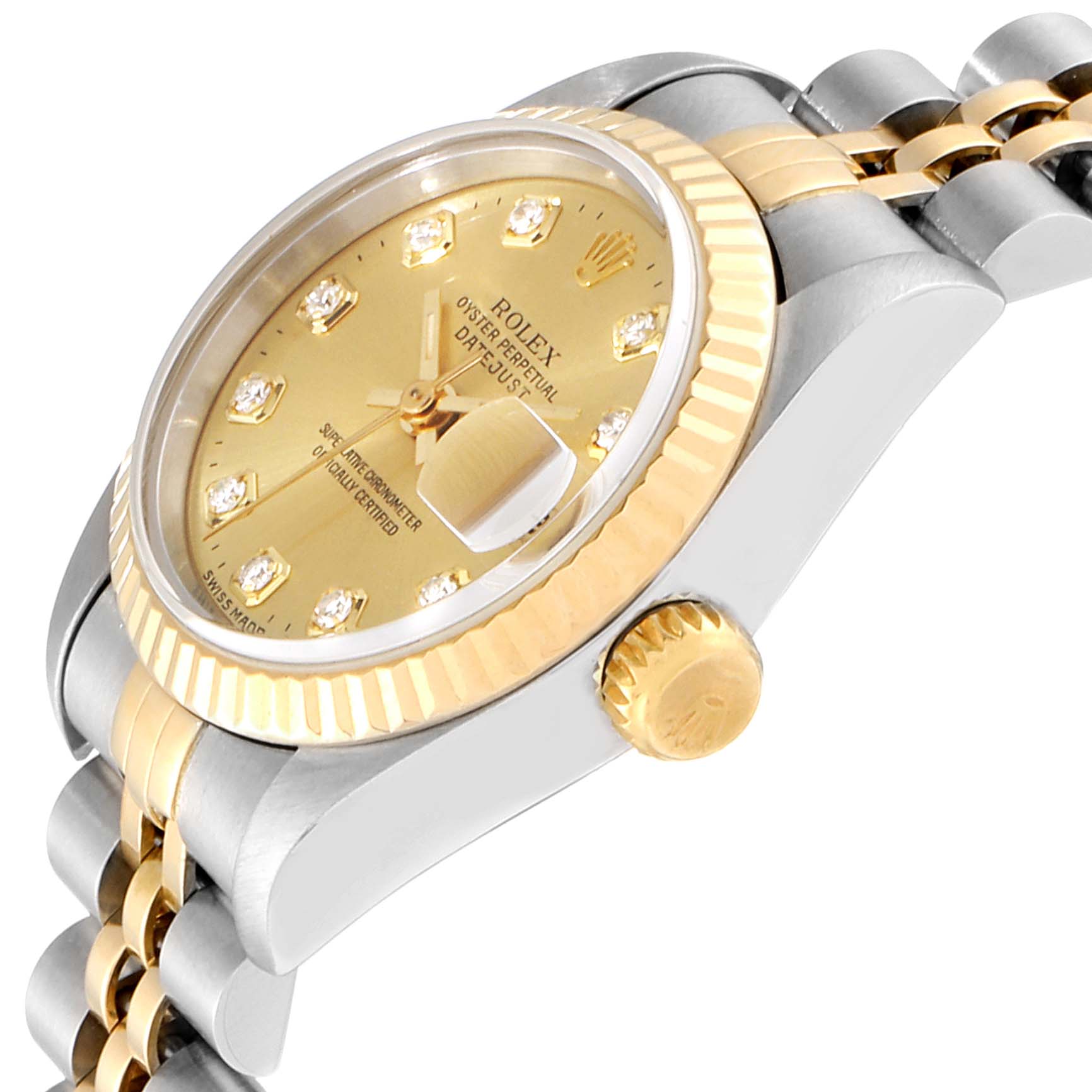 This image shows a side angle of a Rolex Datejust 69173 Women
s Steel and Gold (two tone) Champagne Dial 69173 Women
s Steel and Gold (two tone) Champagne Dial watch, highlighting the crown, bezel, face, and part of the bracelet.