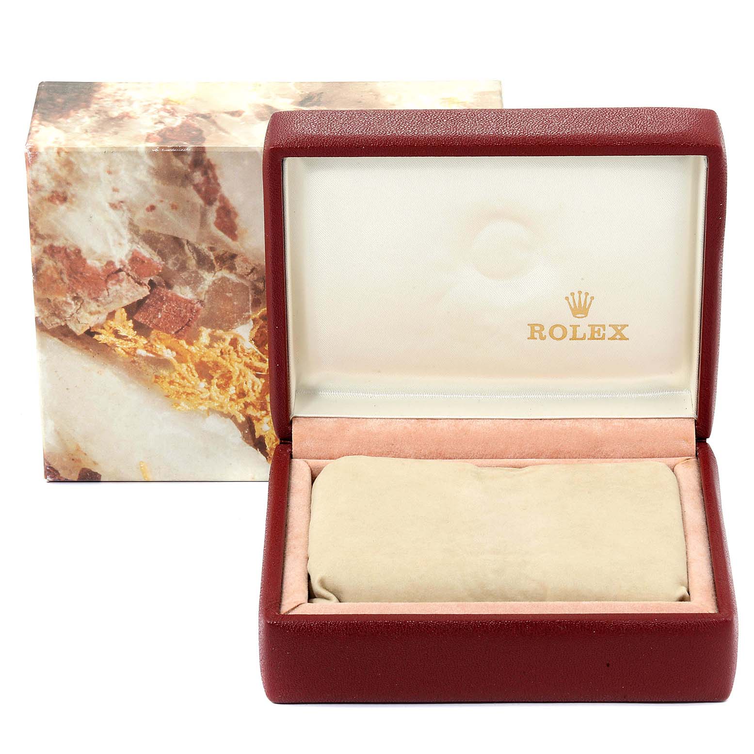 The image shows an open Rolex watch box for the Datejust model with a pillow inside.