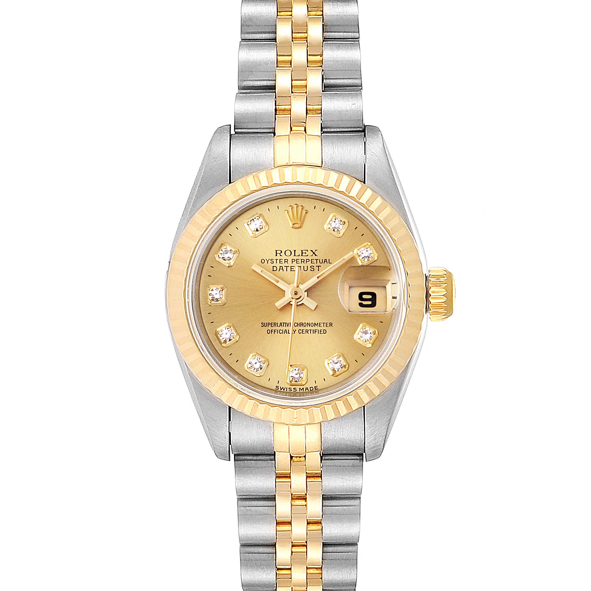 The Rolex Datejust 69173 Women
s Steel and Gold (two tone) Champagne Dial 69173 Women
s Steel and Gold (two tone) Champagne Dial watch is shown from the front, displaying its gold dial, date window, and two-tone bracelet.