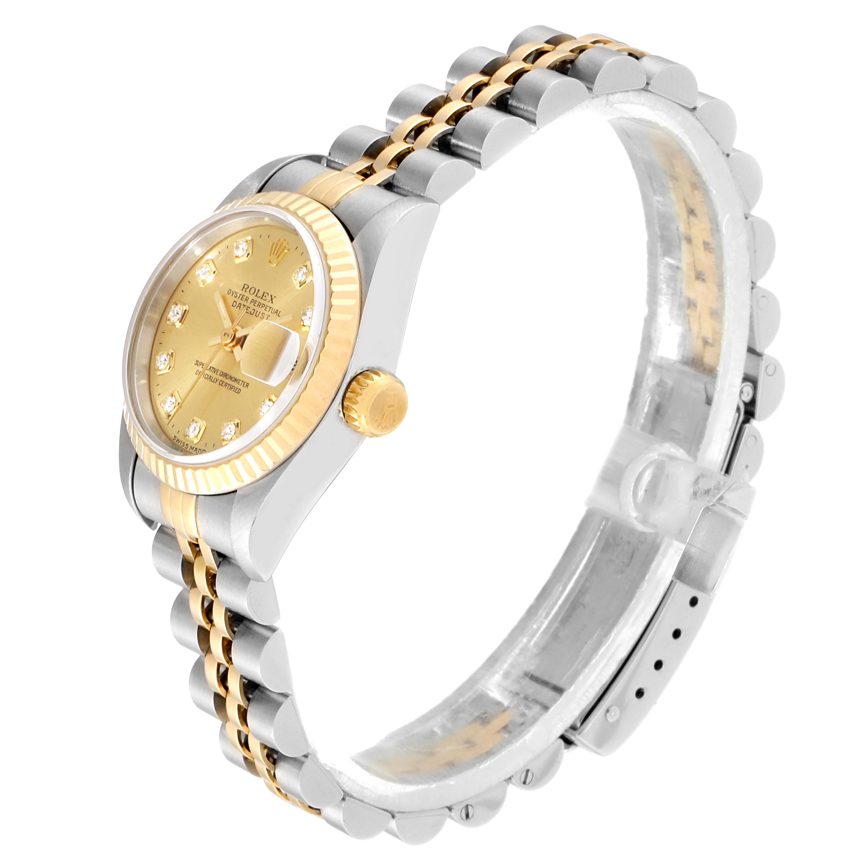 This image shows a side view of a Rolex Datejust 69173 Women
s Steel and Gold (two tone) Champagne Dial 69173 Women
s Steel and Gold (two tone) Champagne Dial watch, featuring a gold dial, diamond hour markers, and a two-tone Jubilee bracelet.