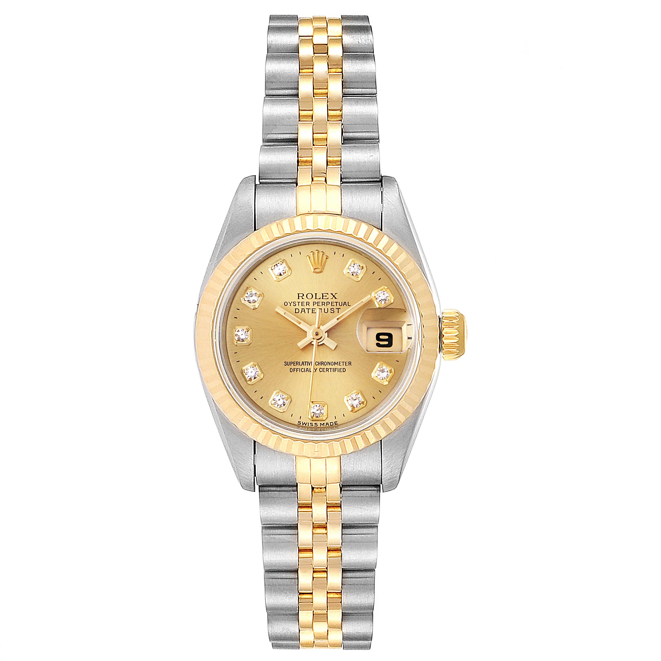 The image shows a Rolex Datejust 69173 Women
s Steel and Gold (two tone) Champagne Dial 69173 Women
s Steel and Gold (two tone) Champagne Dial watch from a front view, focusing on the dial, bezel, and bracelet.