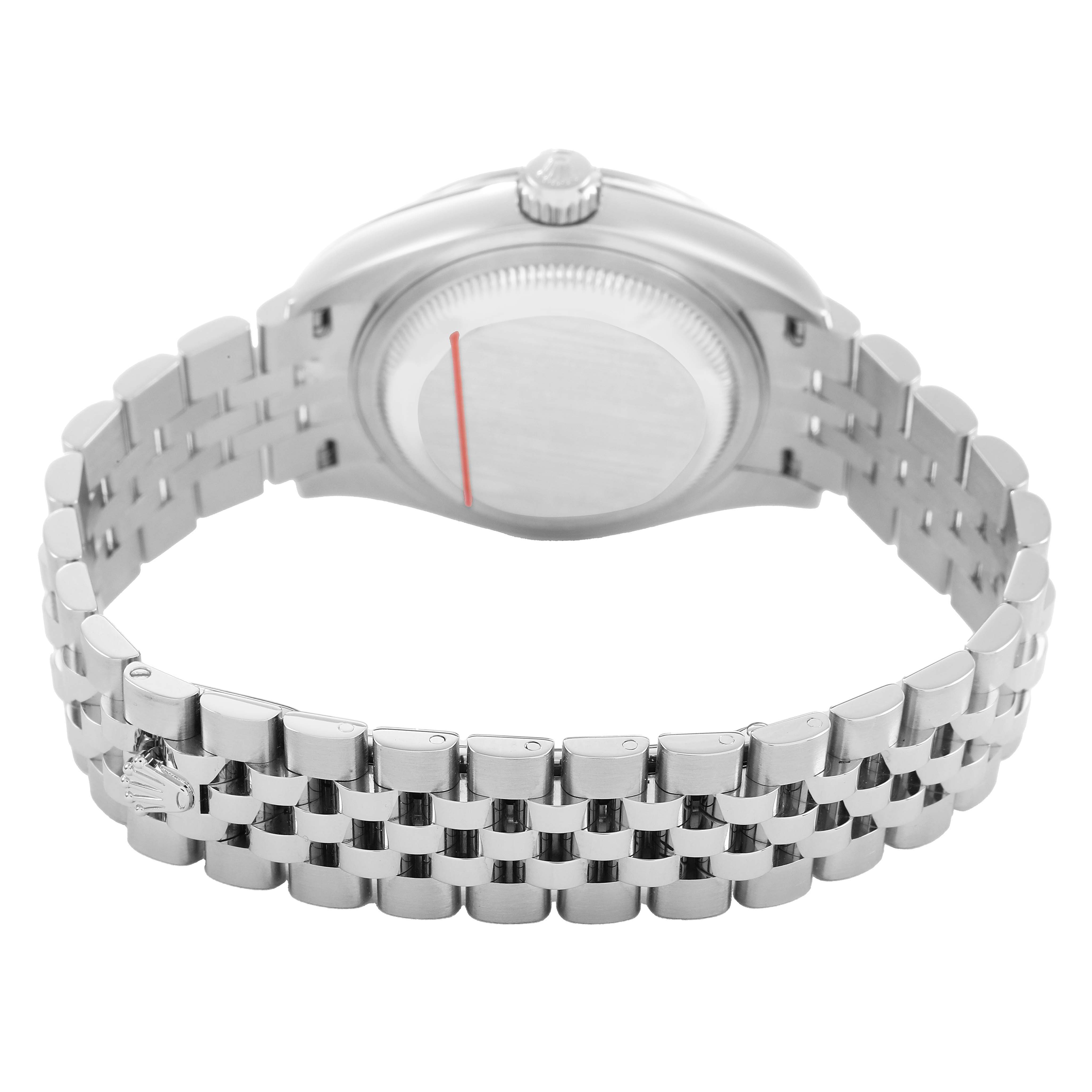 The Rolex Datejust 279160 Women's Stainless Steel White Dial is shown from the back, featuring the case back, crown, and bracelet.