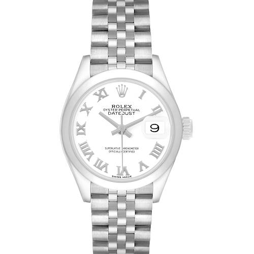 The Rolex Datejust 279160 Women's Stainless Steel White Dial watch is shown from a front view, highlighting its face, Roman numerals, jubilee bracelet, and date window.