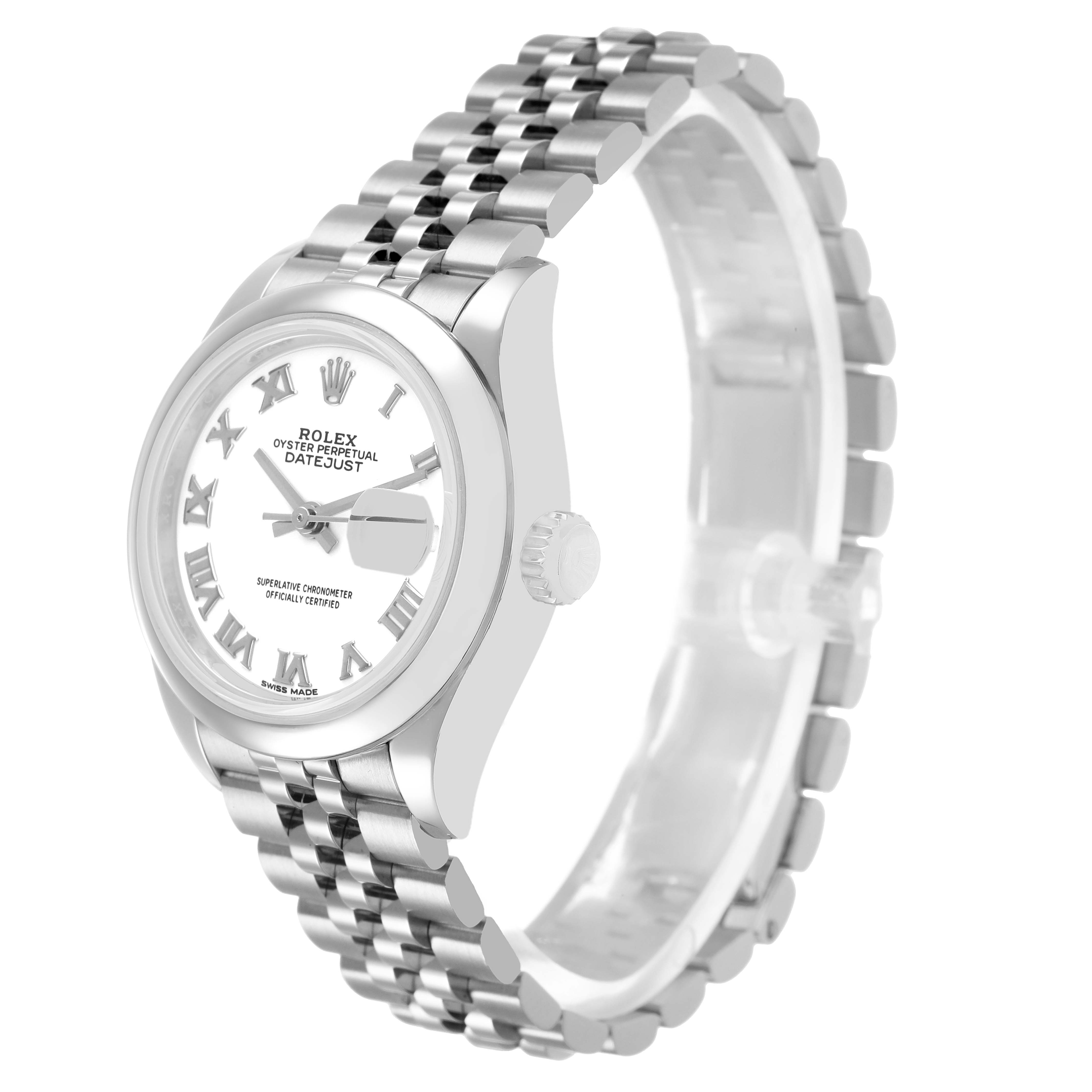 The Rolex Datejust 279160 Women's Stainless Steel White Dial watch is shown at a three-quarter angle, highlighting the bracelet, dial, and crown.