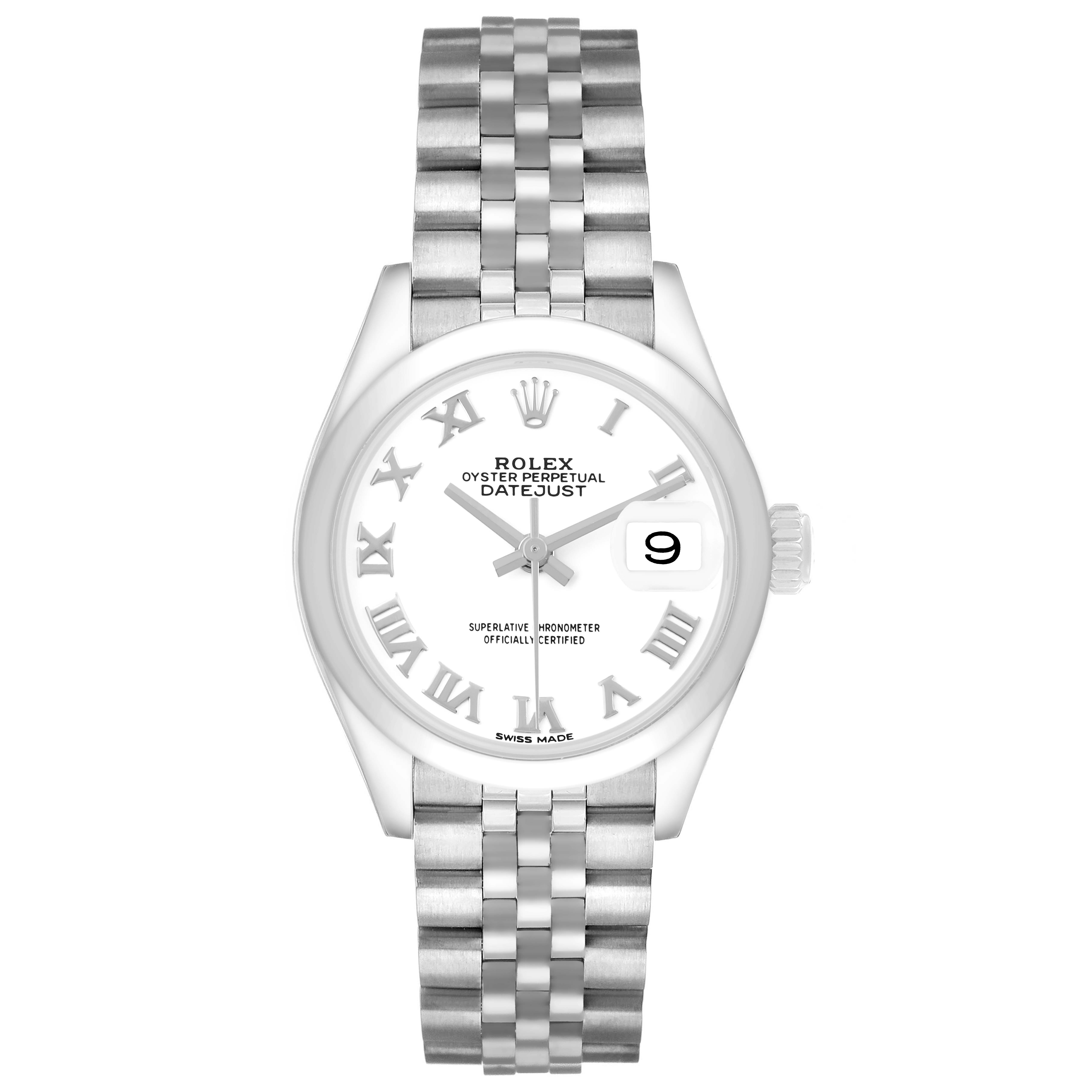 The Rolex Datejust 279160 Women's Stainless Steel White Dial watch is shown from a top-down angle, highlighting the face, Roman numerals, bracelet, and date window.