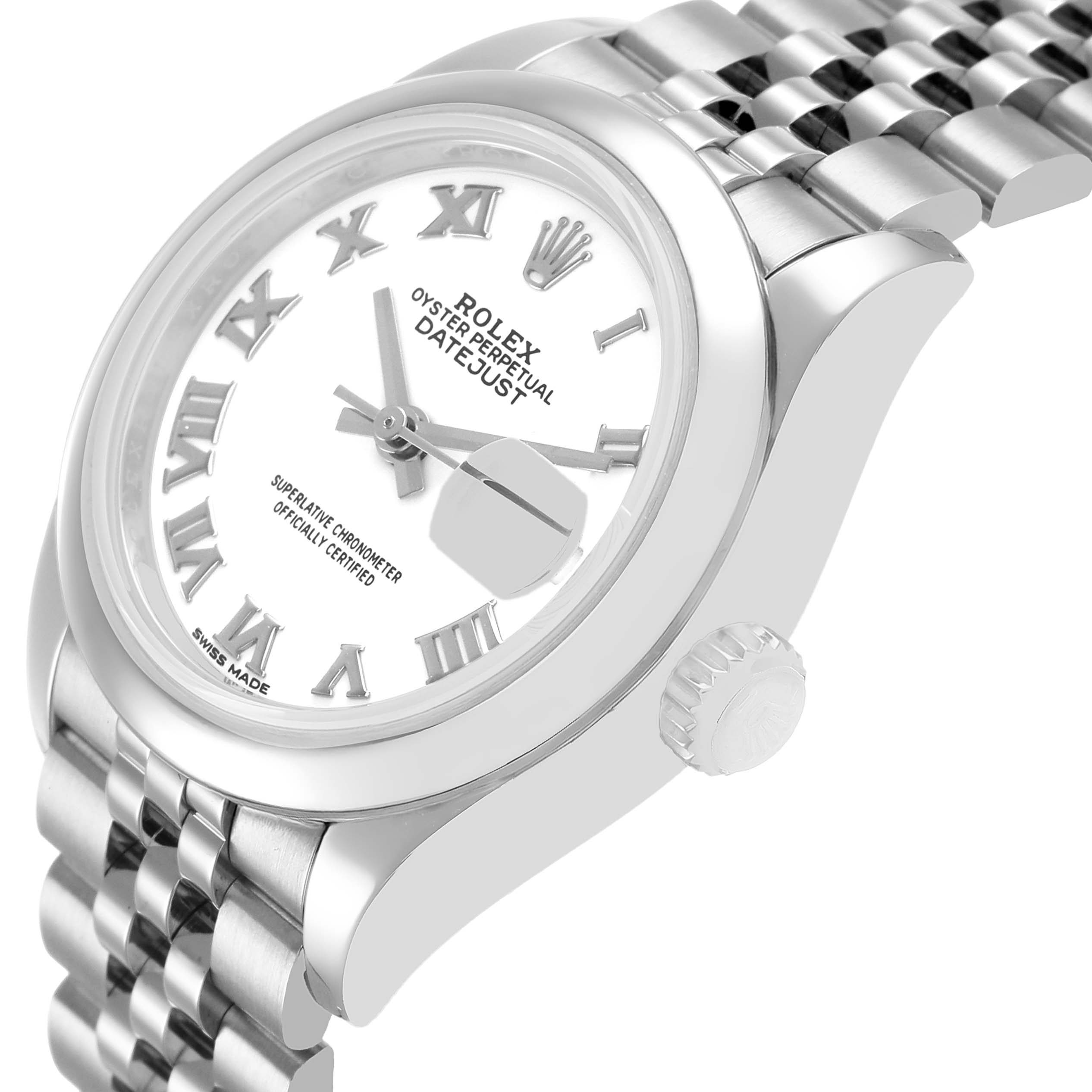 The Rolex Datejust 279160 Women's Stainless Steel White Dial watch is shown at an angled side view, highlighting the dial, bezel, bracelet, and crown.