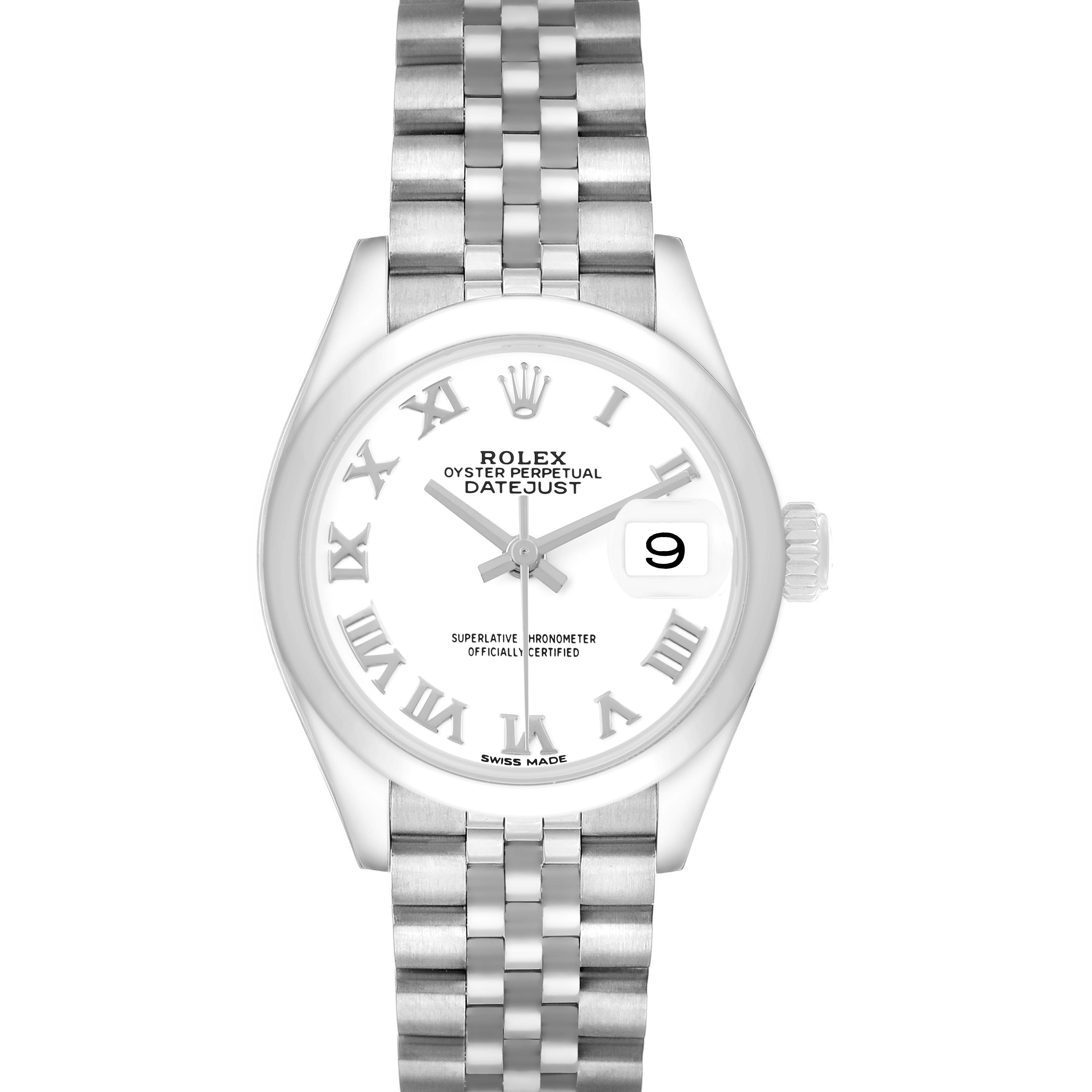 The Rolex Datejust 279160 Women's Stainless Steel White Dial watch is shown from a front angle, displaying the dial, bracelet, and date window.