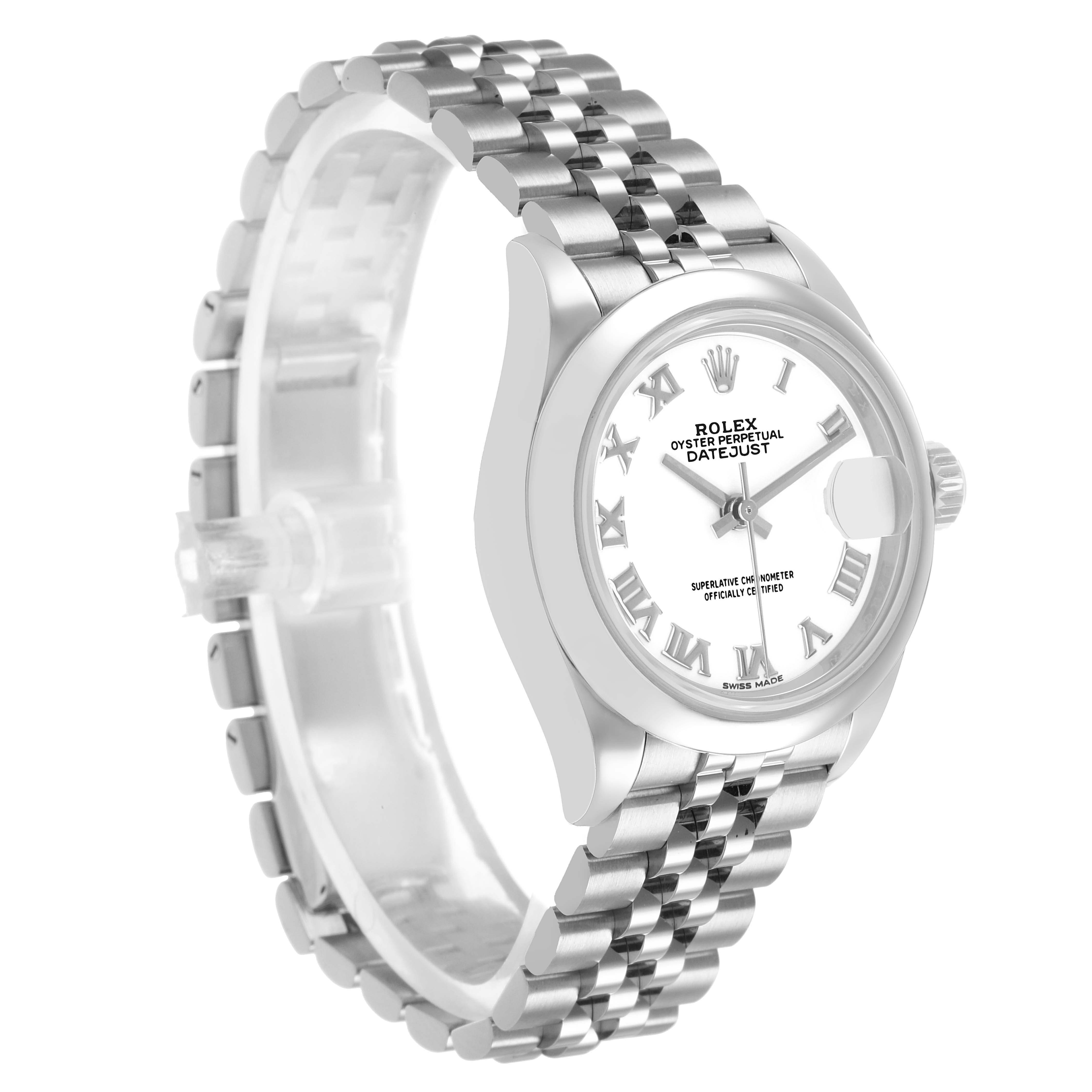 The image shows a Rolex Datejust 279160 Women's Stainless Steel White Dial watch at a slight angle displaying the face, bezel, and bracelet.