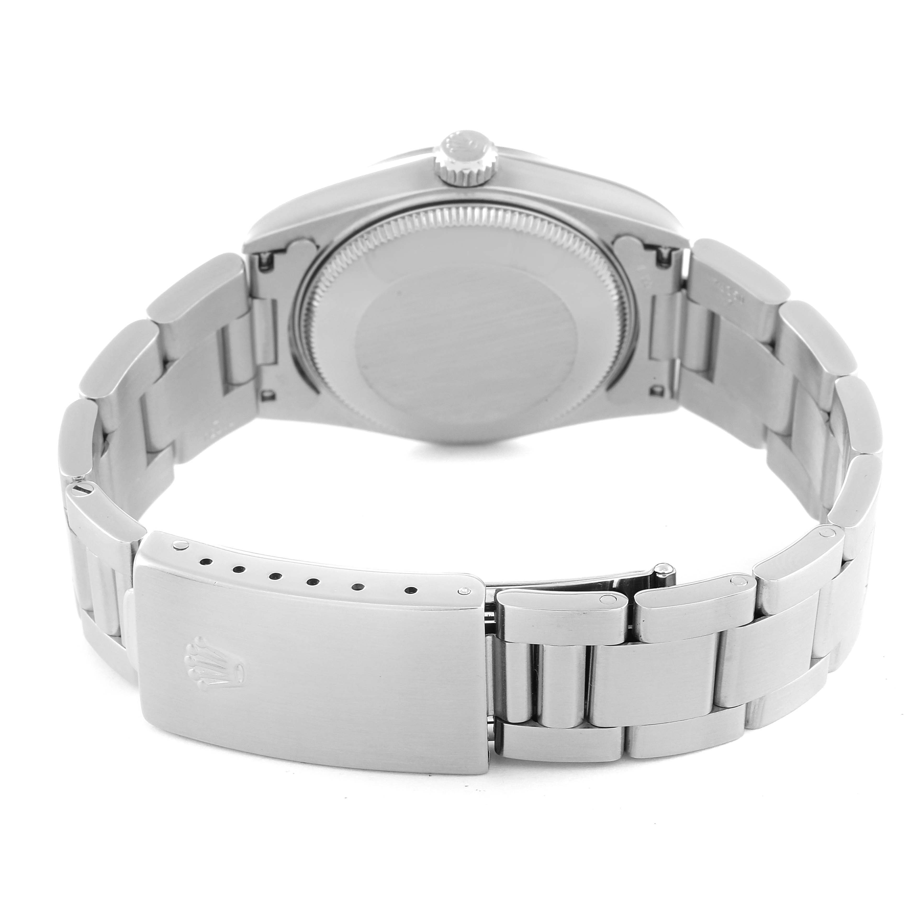 This image shows the back view of a Rolex Mid-Size 78240 Women
s Stainless Steel Blue Dial 78240 Women
s Stainless Steel Blue Dial watch, highlighting the bracelet and clasp.