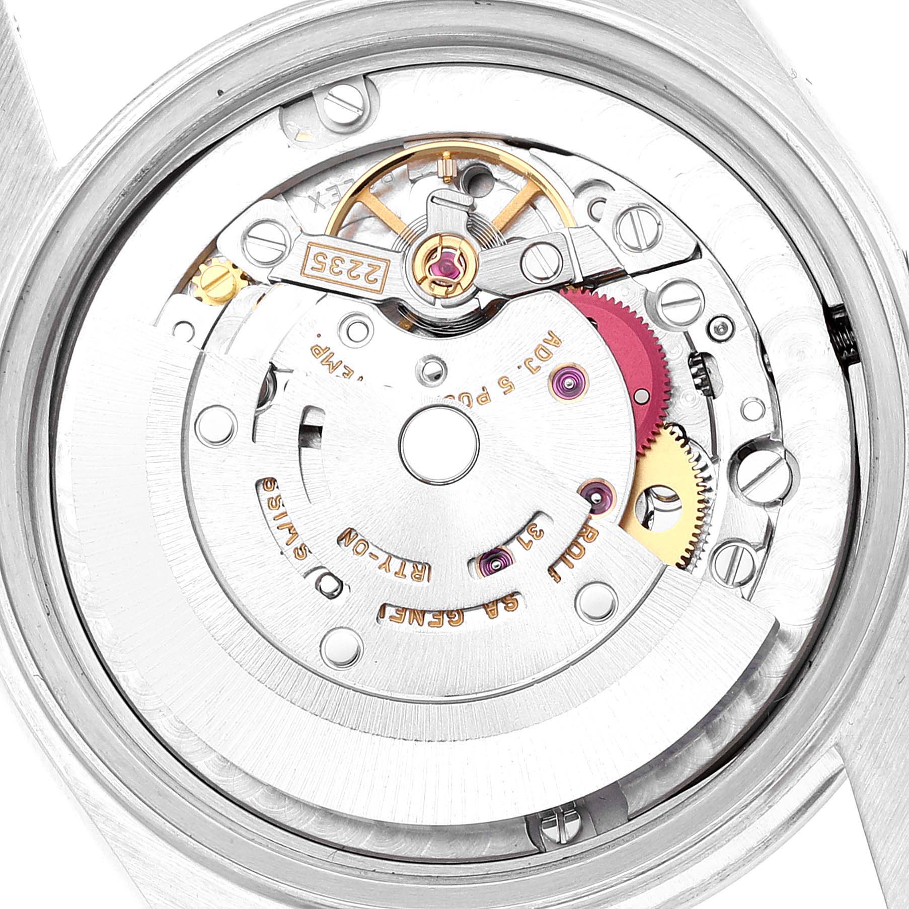 This image shows the internal mechanical movement of a Rolex Mid-Size 78240 Women
s Stainless Steel Blue Dial 78240 Women
s Stainless Steel Blue Dial watch viewed from the back.