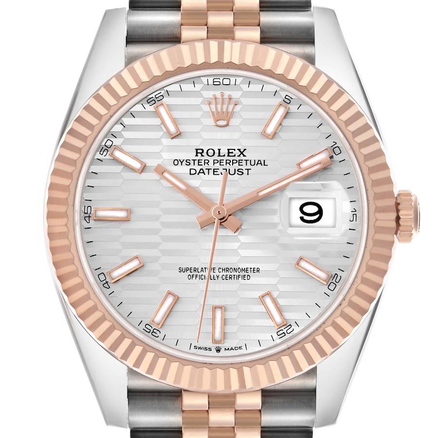 The Rolex Datejust 41 watch is shown from a front angle, highlighting the dial, bezel, and part of the bracelet.