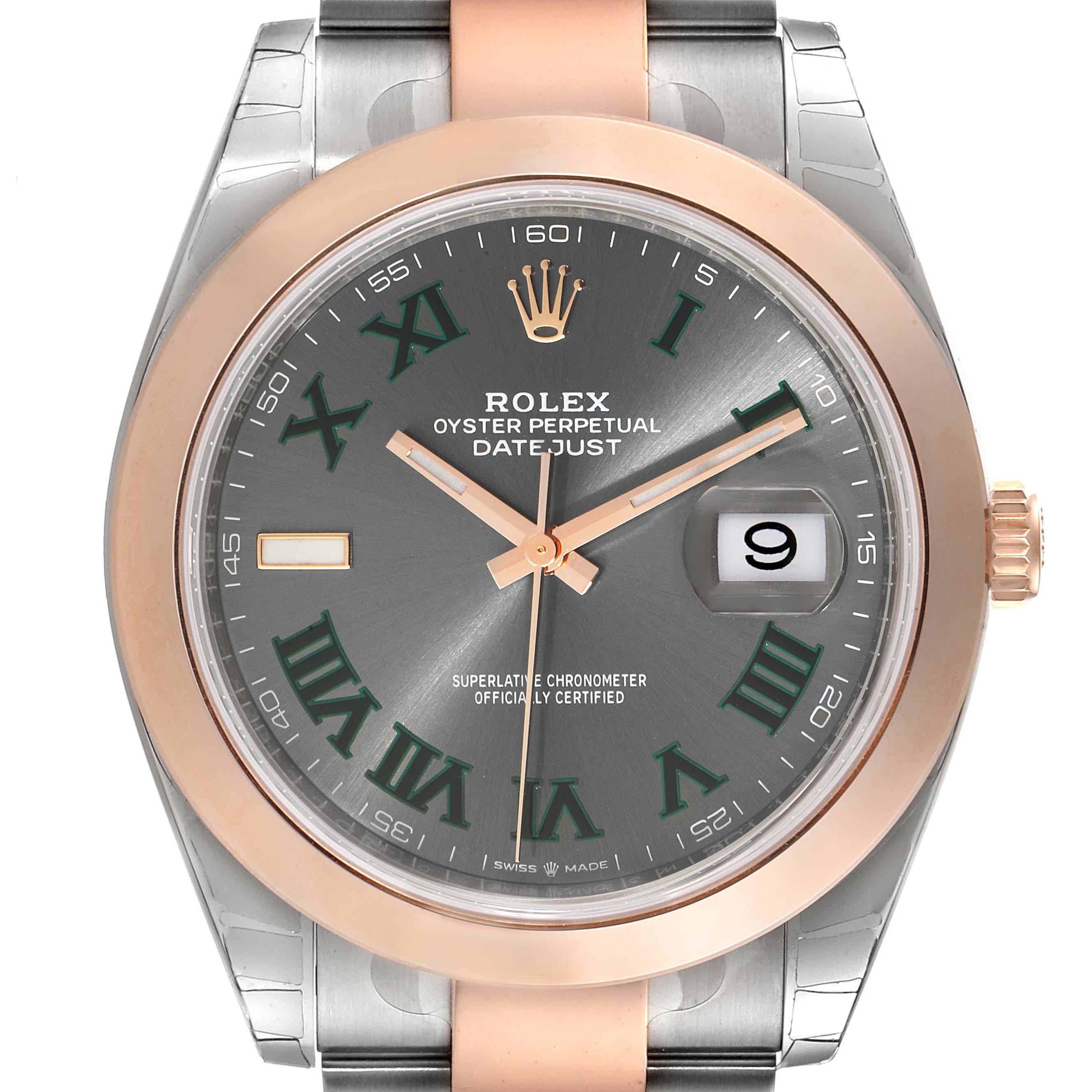 The image shows a frontal view of the Rolex Datejust 41 126301 Men's Steel and Gold (two tone) Grey Dial 126301 Men's Steel and Gold (two tone) Grey Dial with a gray dial, rose gold bezel, and green Roman numerals.