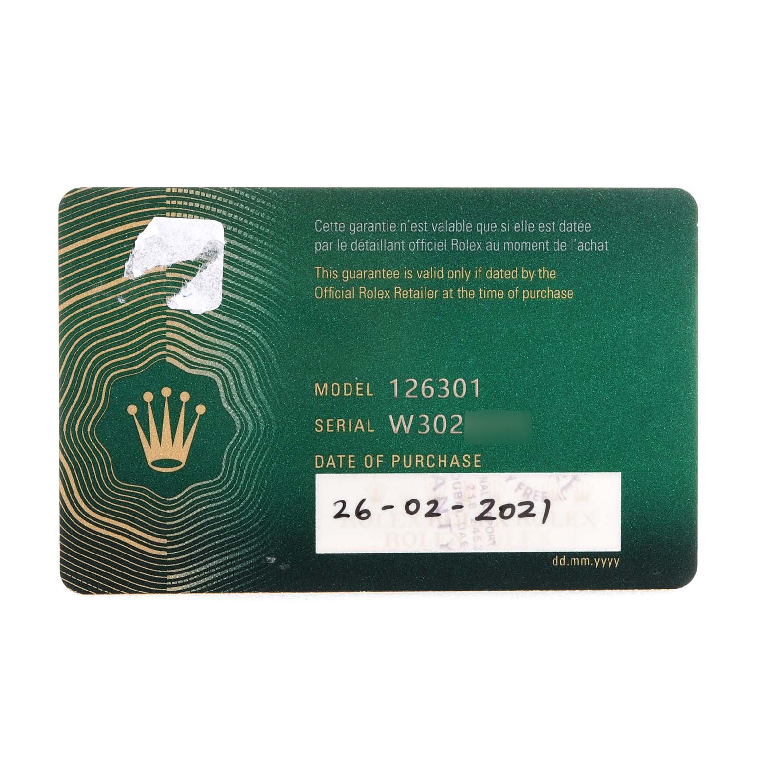This image shows the authenticity card for a Rolex Datejust 41 126301 Men's Steel and Gold (two tone) Grey Dial 126301 Men's Steel and Gold (two tone) Grey Dial model, with model number, serial number, and date of purchase.