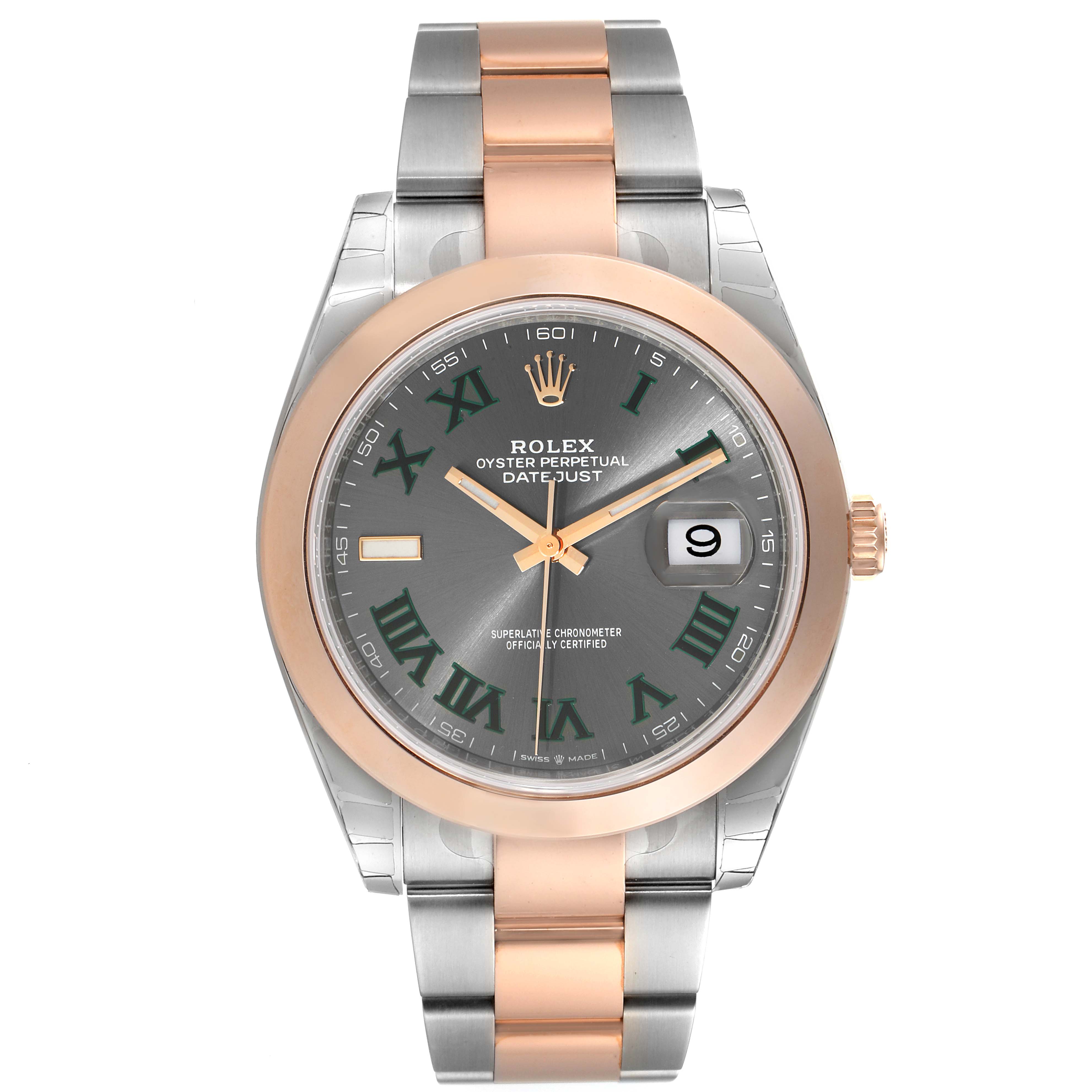 This image shows a front view of the Rolex Datejust 41 126301 Men's Steel and Gold (two tone) Grey Dial 126301 Men's Steel and Gold (two tone) Grey Dial, featuring a two-tone bracelet and a grey dial with green Roman numerals.