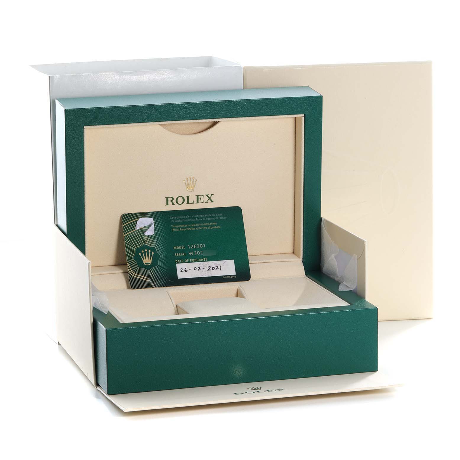 This image shows the packaging and warranty card for a Rolex Datejust 41 126301 Men's Steel and Gold (two tone) Grey Dial 126301 Men's Steel and Gold (two tone) Grey Dial model.