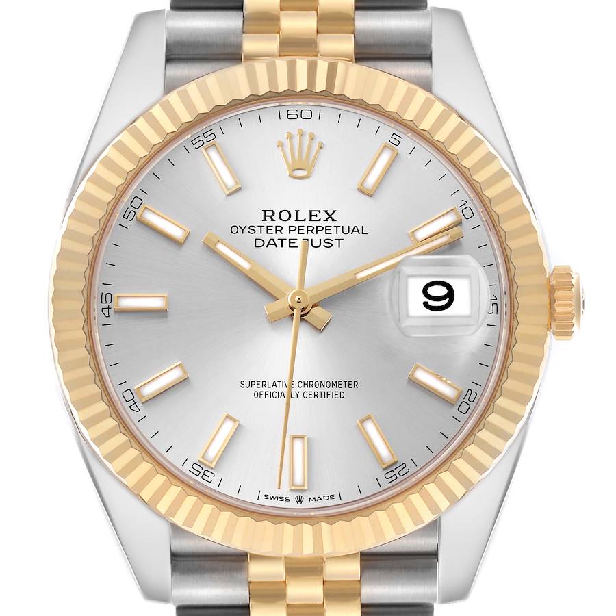 The Rolex Datejust 41 is shown from the front, highlighting its gold fluted bezel, dial, and two-tone bracelet.