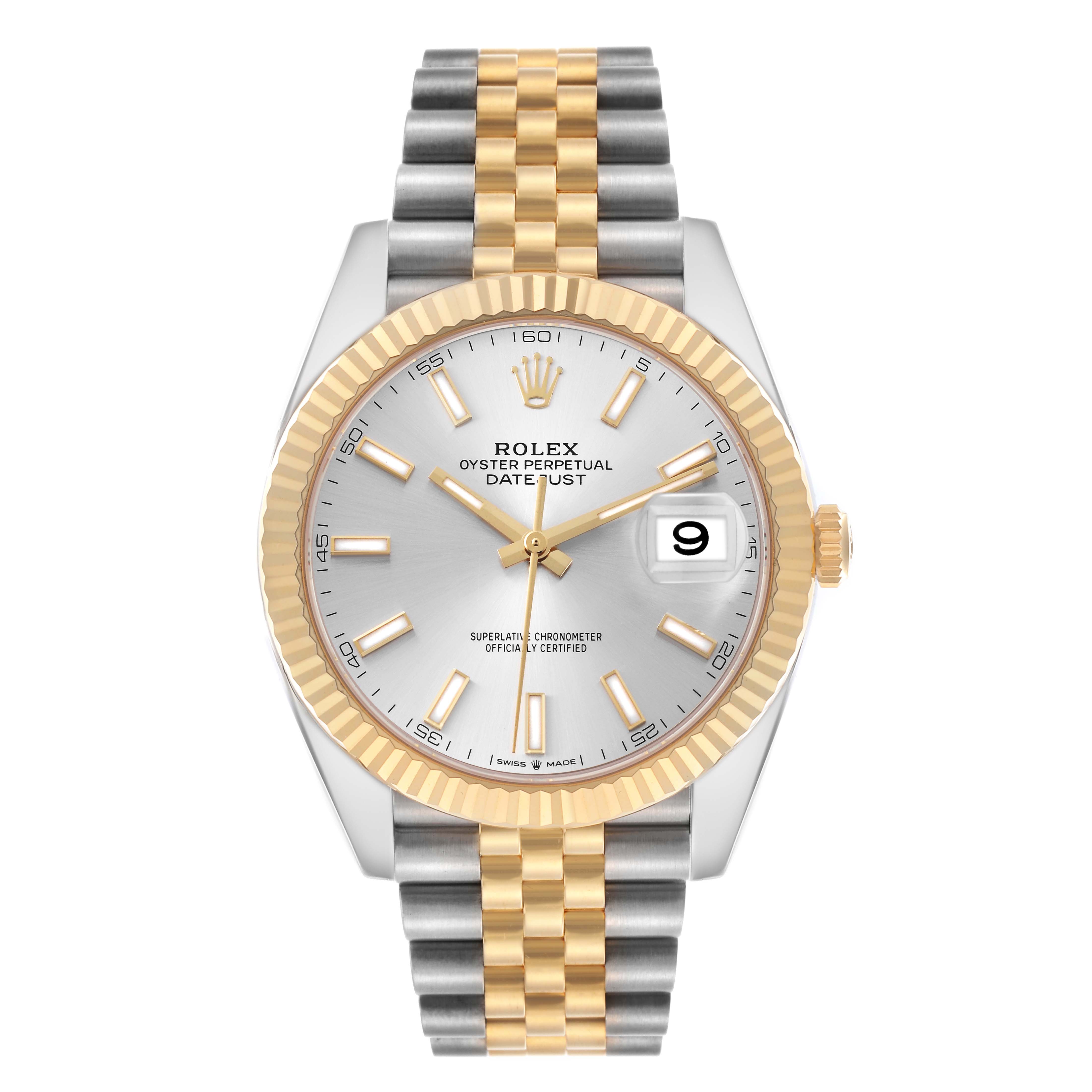 The Rolex Datejust 41 126333 Men
s Steel and Gold (two tone) Silver Dial 126333 Men
s Steel and Gold (two tone) Silver Dial watch is shown from a front angle, highlighting its dial, fluted bezel, and two-tone Jubilee bracelet.