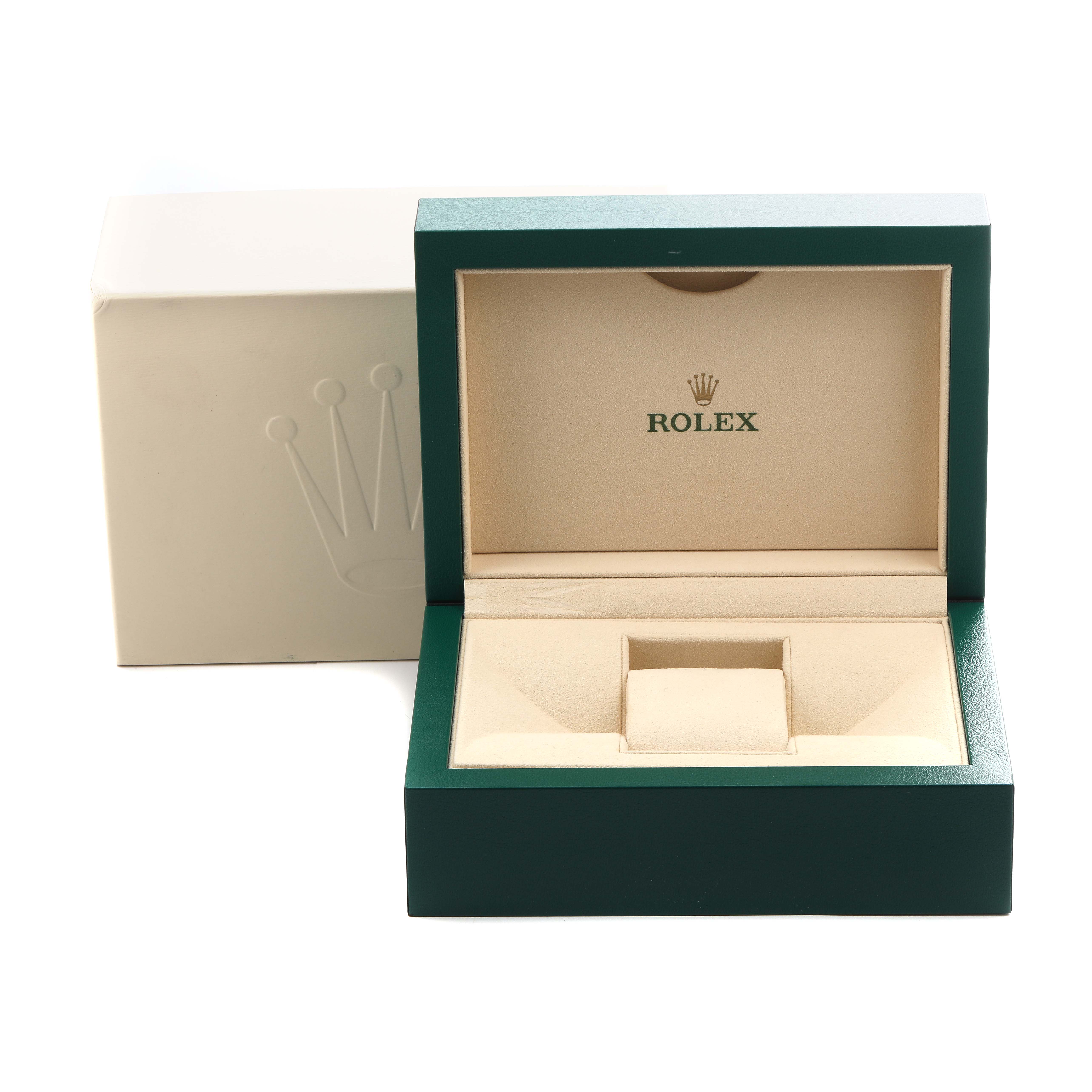 The image shows an open Rolex Datejust 41 126333 Men
s Steel and Gold (two tone) Silver Dial 126333 Men
s Steel and Gold (two tone) Silver Dial watch box at a front angle, displaying the logo on the interior lining.