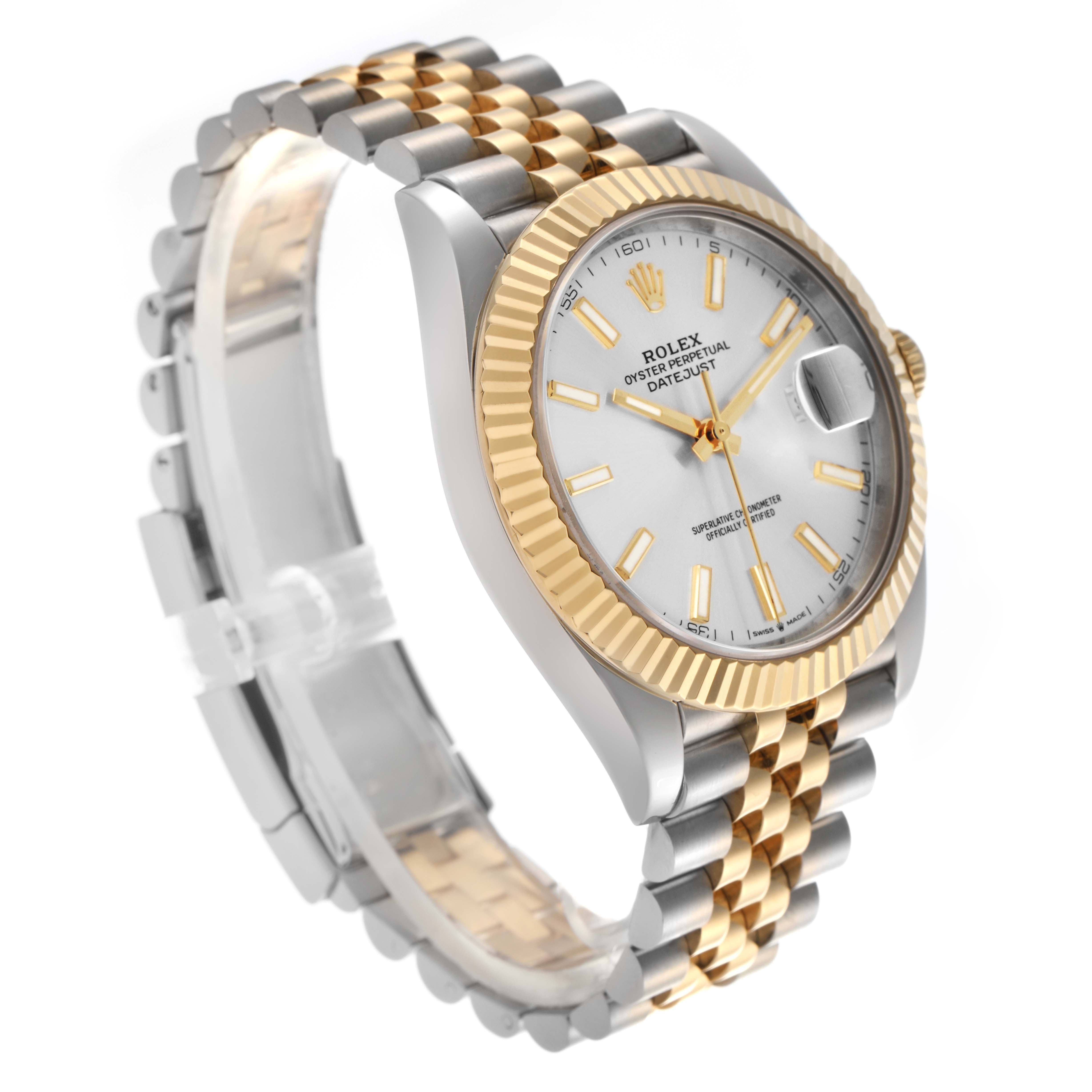 The Rolex Datejust 41 126333 Men
s Steel and Gold (two tone) Silver Dial 126333 Men
s Steel and Gold (two tone) Silver Dial watch is shown at an angled side view, featuring its fluted bezel, Jubilee bracelet, and champagne dial.