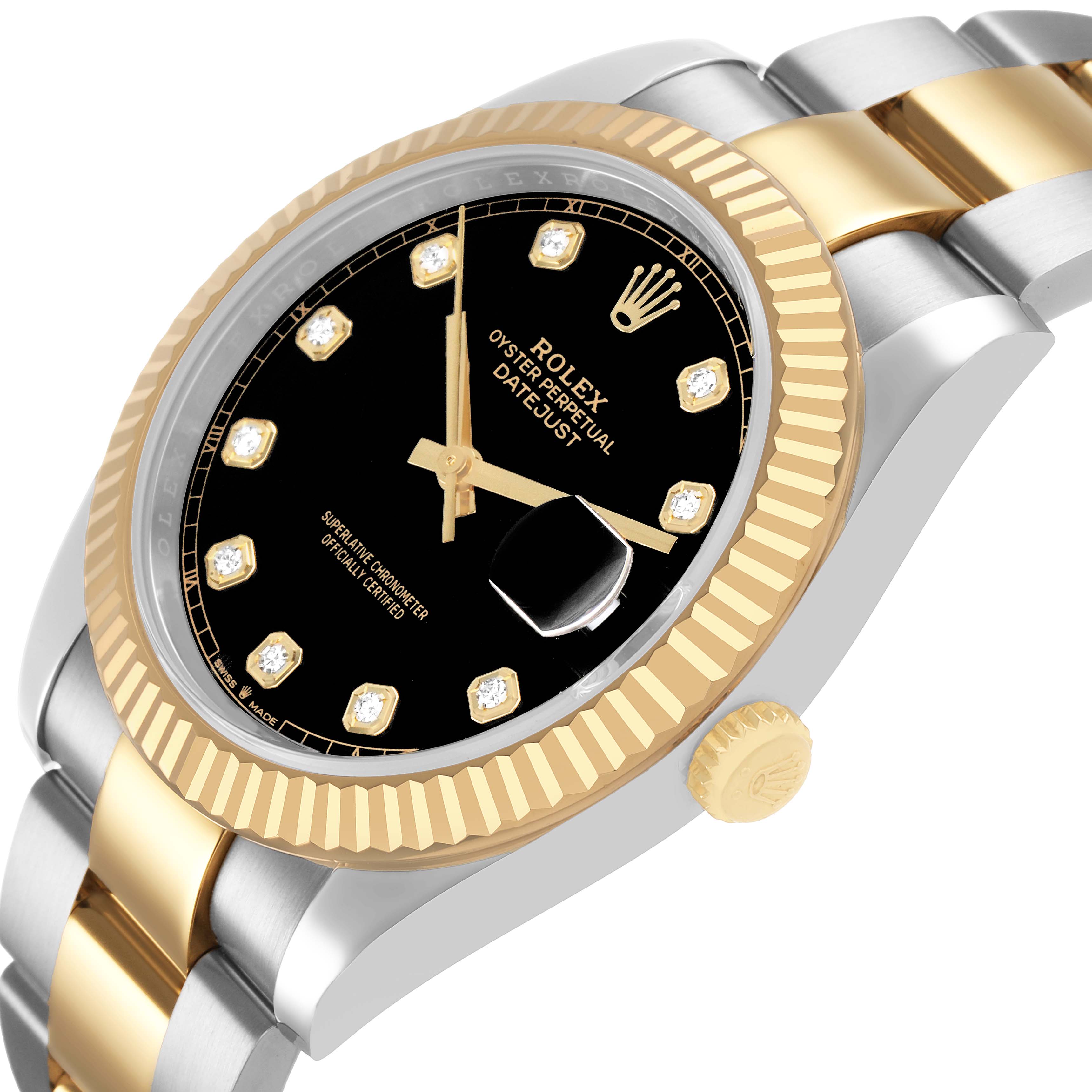 The Rolex Datejust 41 126333 Men's Steel and Gold (two tone) Black Dial is shown at a side angle, highlighting the dial, fluted bezel, and part of the bracelet.