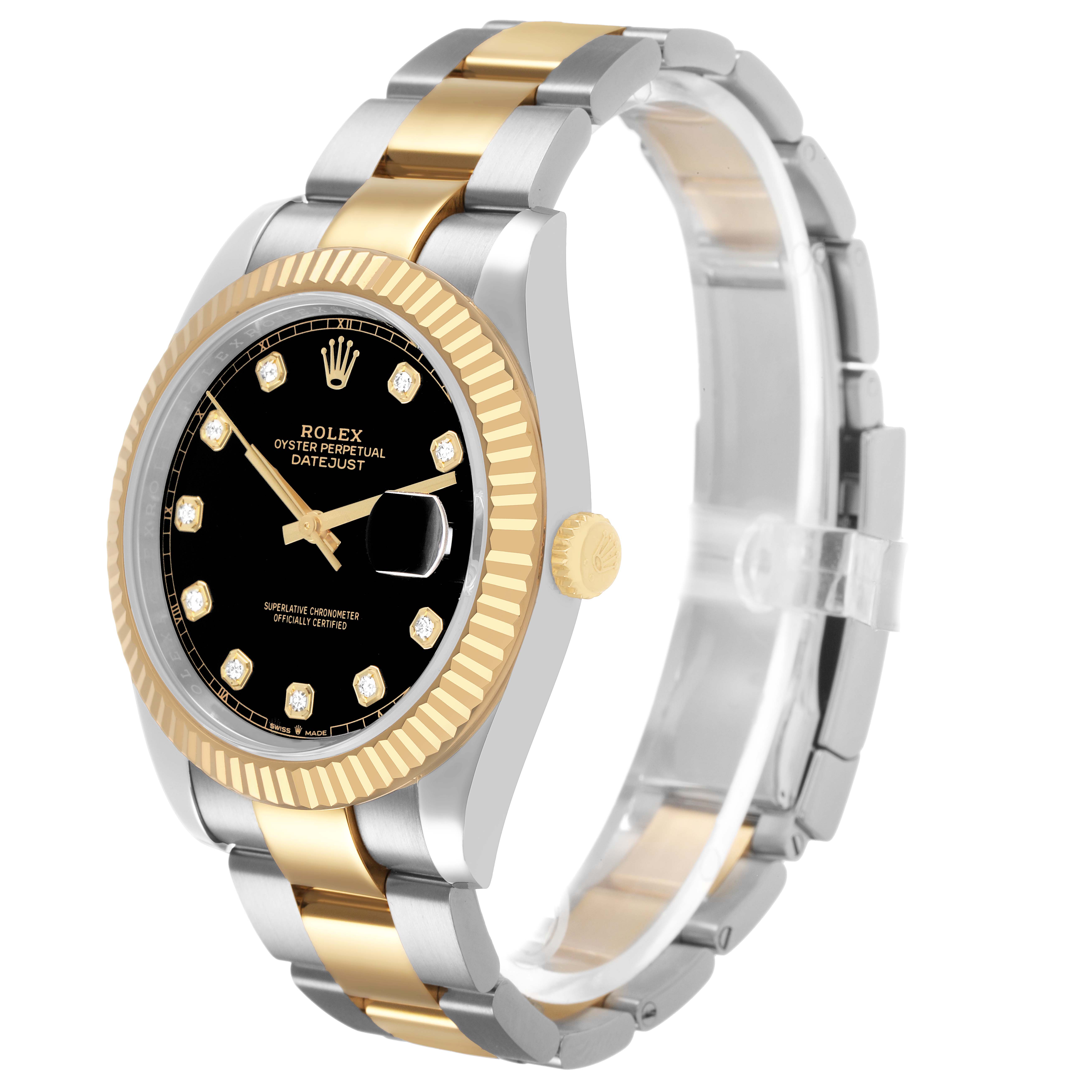 The Rolex Datejust 41 126333 Men's Steel and Gold (two tone) Black Dial is shown at a three-quarter view, highlighting its bezel, dial, and bracelet.