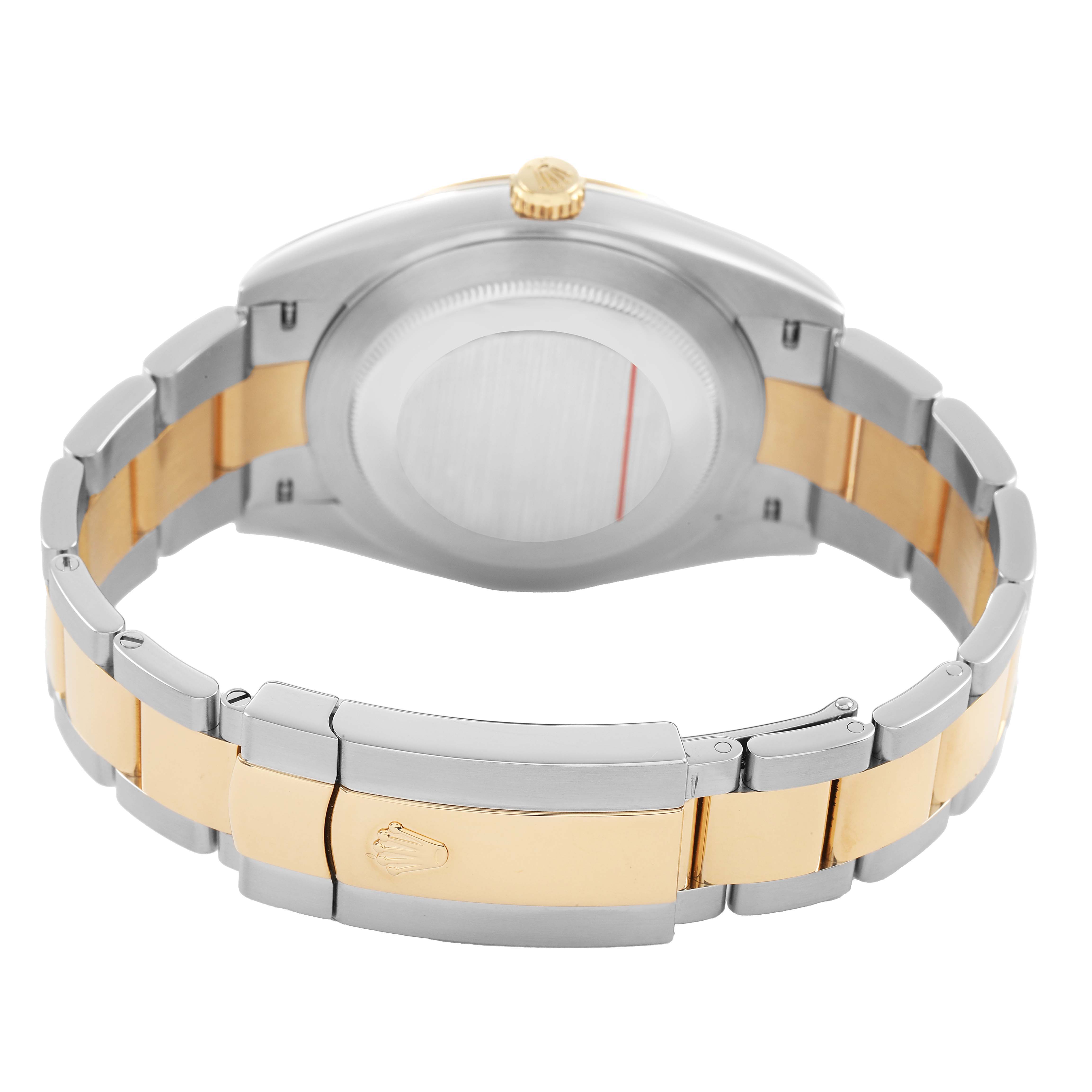 The Rolex Datejust 41 126333 Men's Steel and Gold (two tone) Black Dial watch is shown from the back, highlighting its case back, crown, and two-tone bracelet clasp.