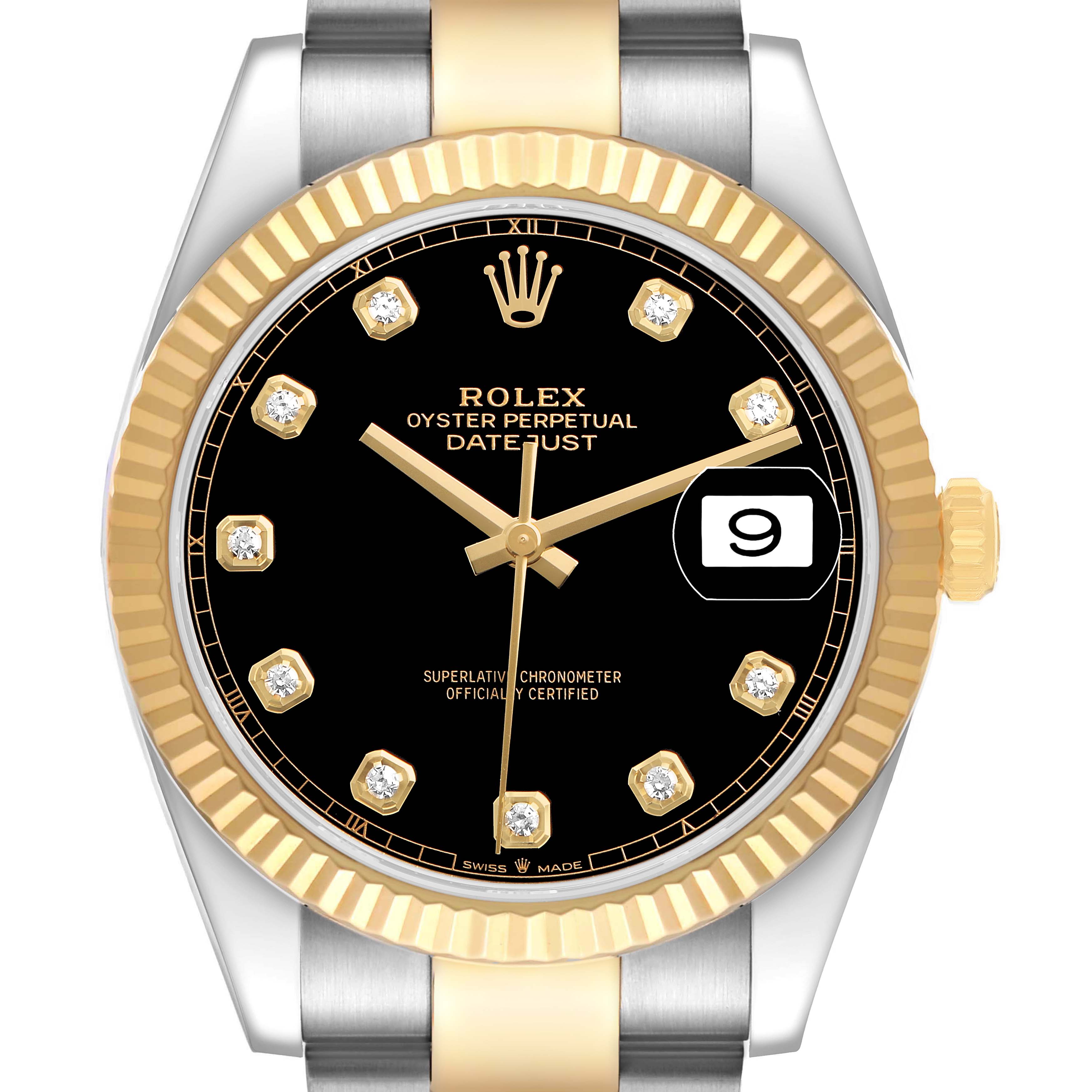 The Rolex Datejust 41 126333 Men's Steel and Gold (two tone) Black Dial is shown from the front, highlighting the black dial, diamond markers, and the gold fluted bezel.