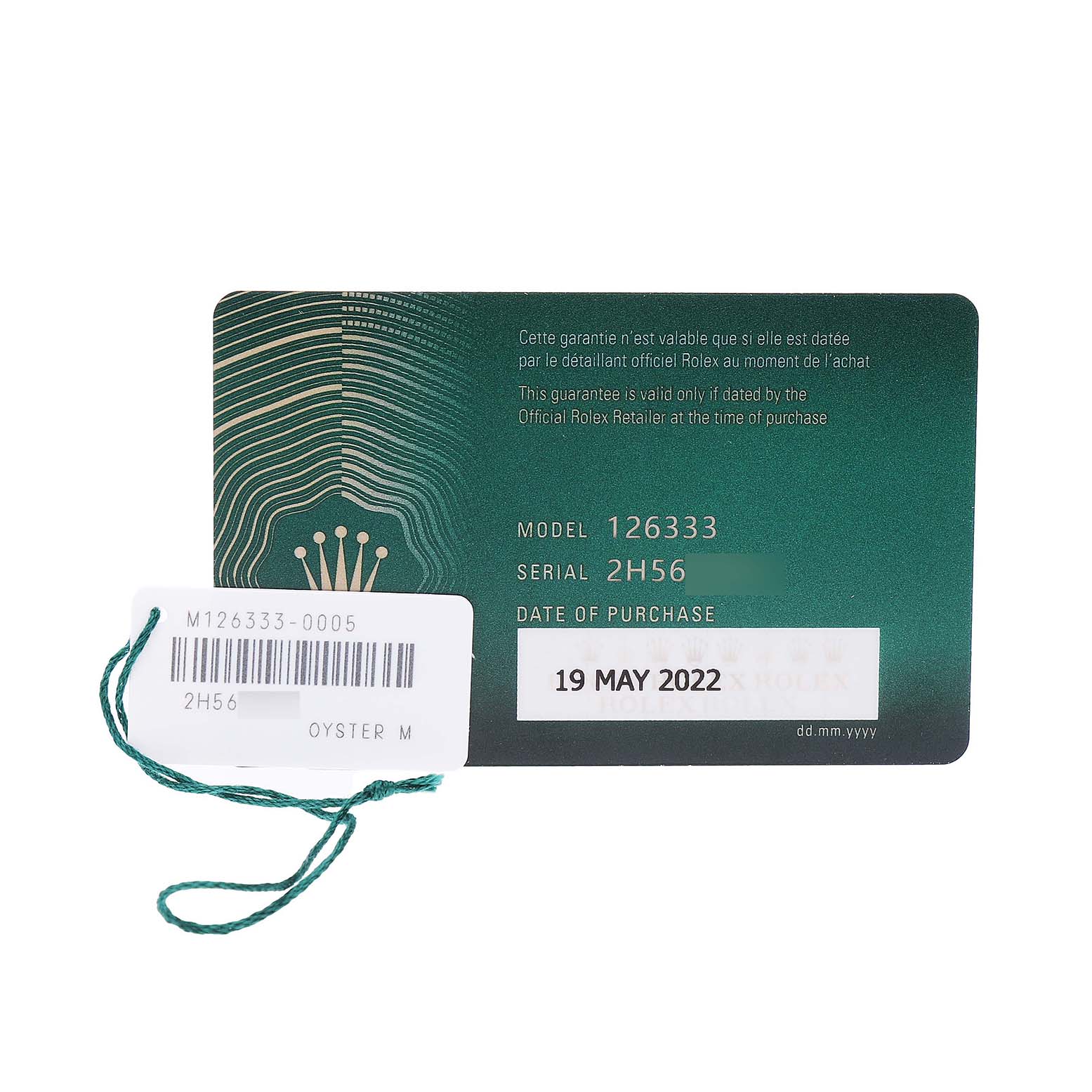 The image shows a warranty card and tag for a Rolex Datejust 41 126333 Men's Steel and Gold (two tone) Black Dial model, viewed from above.