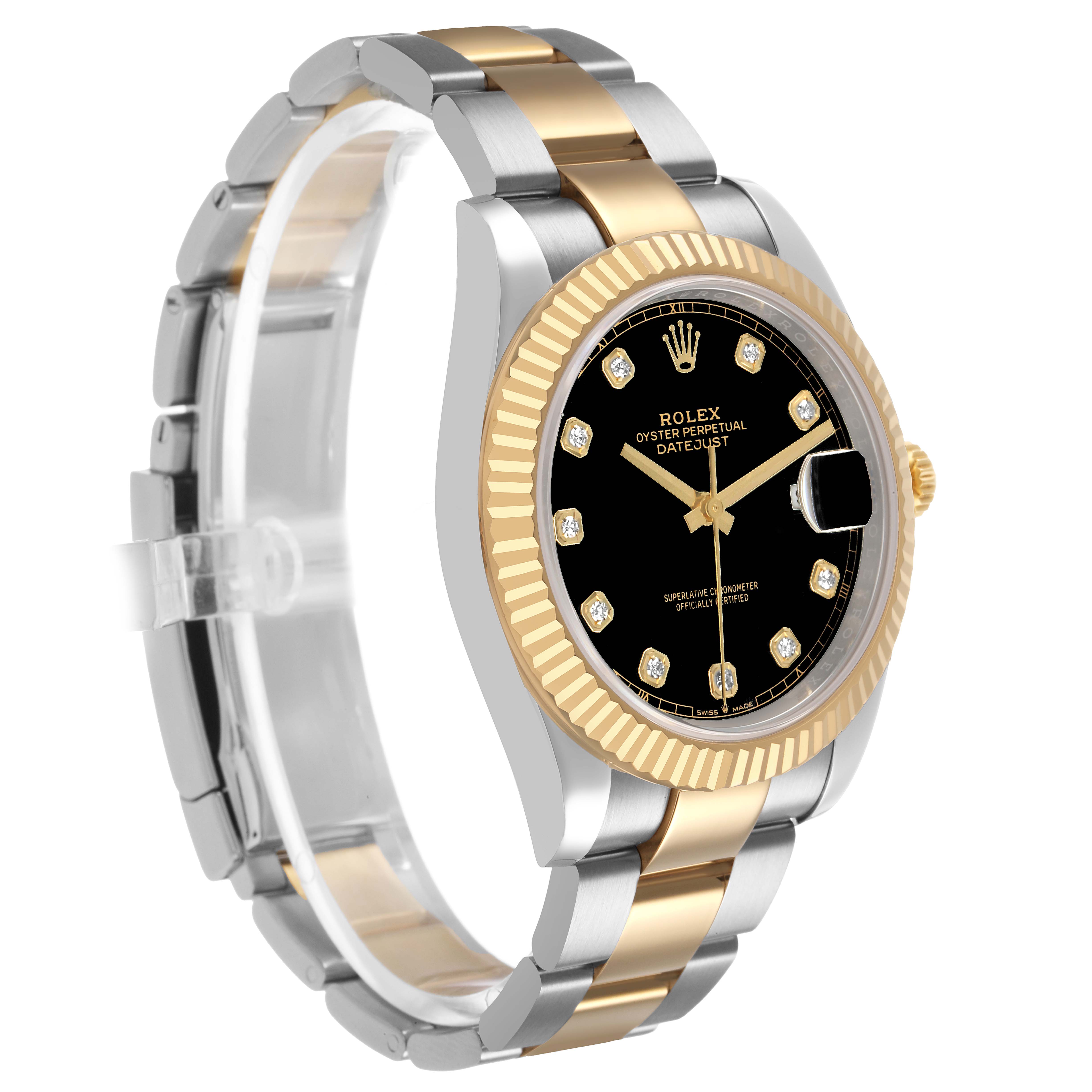 The Rolex Datejust 41 126333 Men's Steel and Gold (two tone) Black Dial is shown at an angle displaying the face, fluted bezel, crown, and part of the two-tone bracelet.