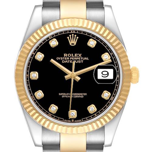 The Rolex Datejust 41 126333 Men's Steel and Gold (two tone) Black Dial is shown from the front, highlighting the black dial, gold bezel, and silver and gold bracelet.