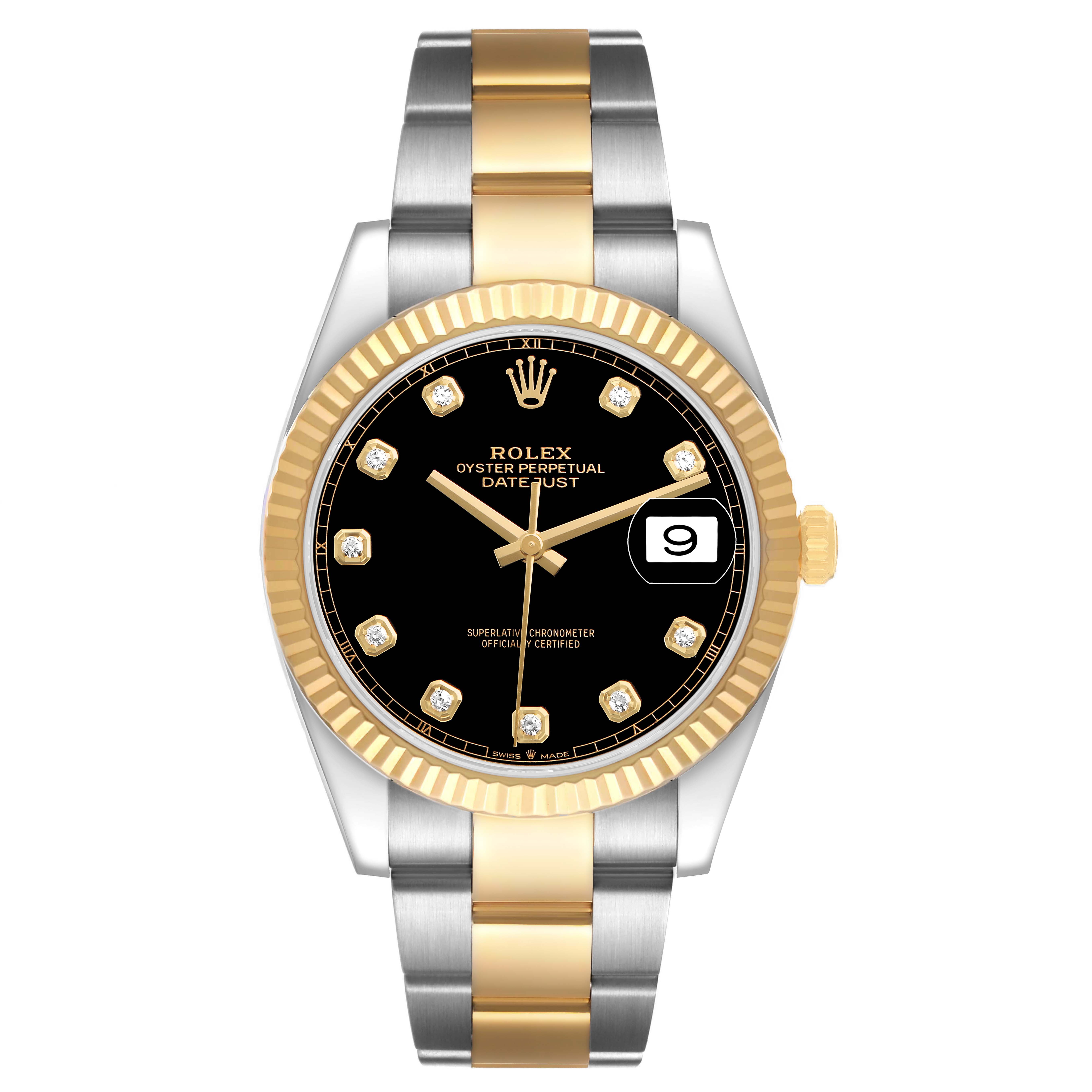 The image shows a front view of the Rolex Datejust 41 126333 Men's Steel and Gold (two tone) Black Dial, displaying its black dial, gold fluted bezel, and two-tone bracelet.