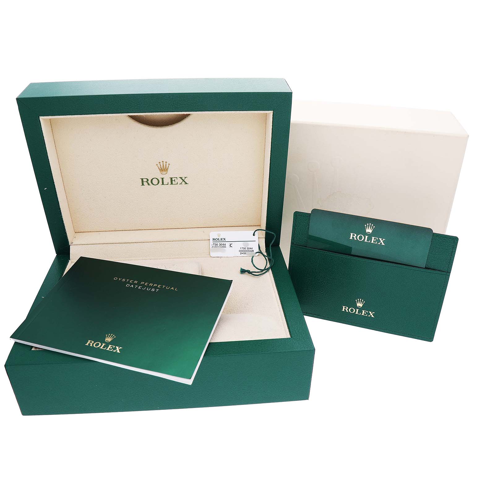 The image shows the packaging and accessories for a Rolex Datejust 41 126333 Men's Steel and Gold (two tone) Black Dial, including the box, manual, and cardholder.