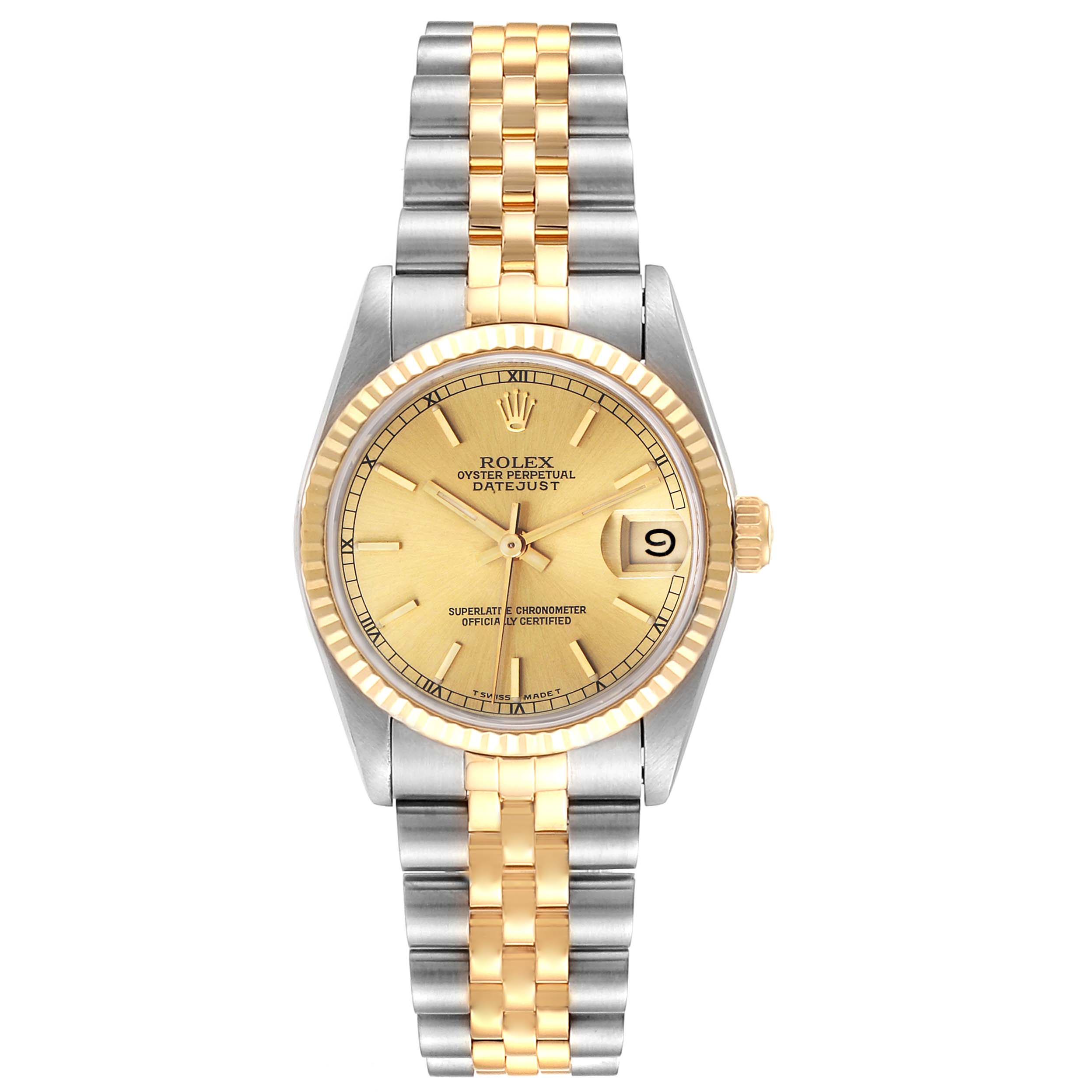 This image shows a front view of a Rolex Datejust 68273 Women
s Steel and Gold (two tone) Champagne Dial 68273 Women
s Steel and Gold (two tone) Champagne Dial watch with a two-tone bracelet and gold dial.
