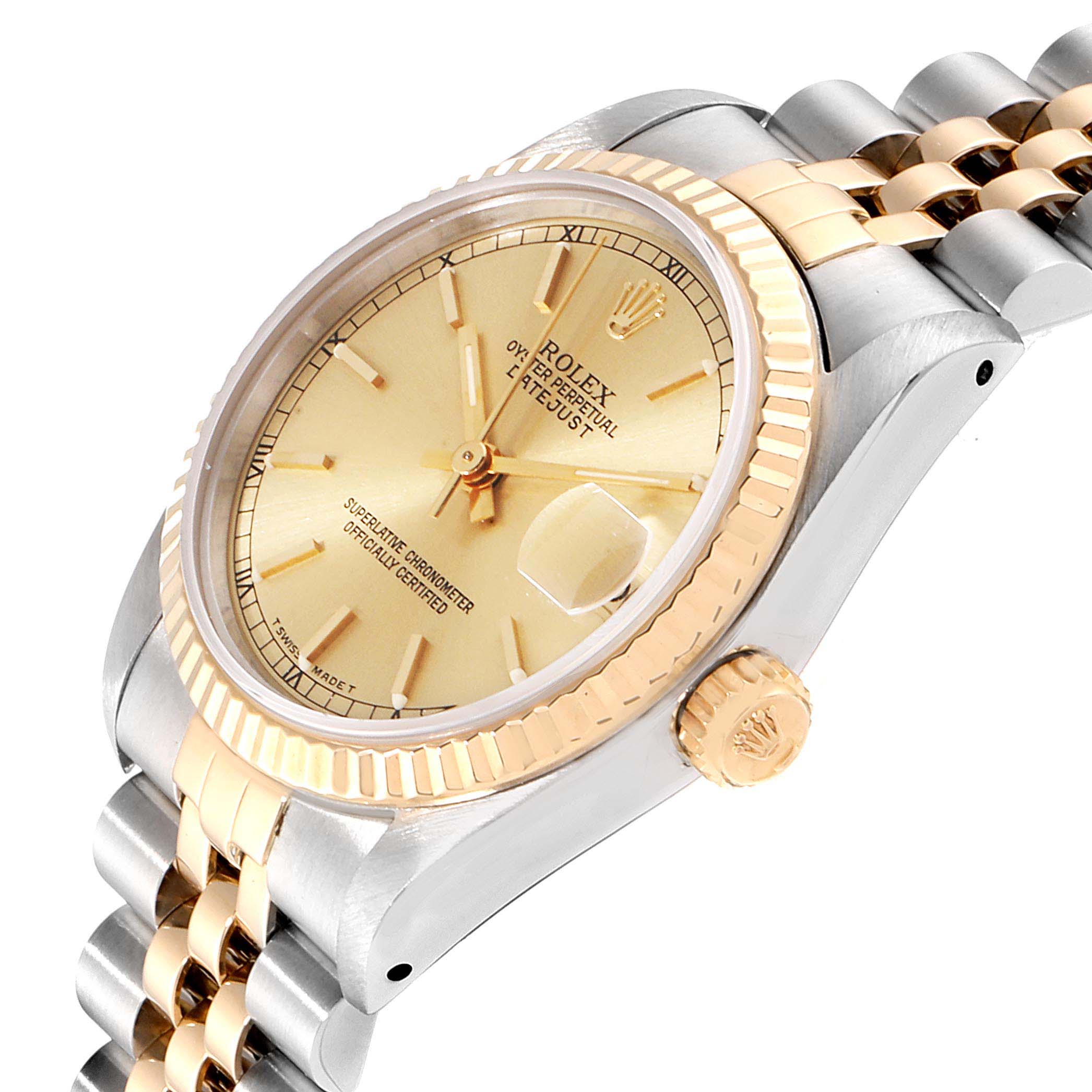 This image shows a side angle of a Rolex Datejust 68273 Women
s Steel and Gold (two tone) Champagne Dial 68273 Women
s Steel and Gold (two tone) Champagne Dial watch, highlighting its gold face, bezel, and two-tone bracelet.