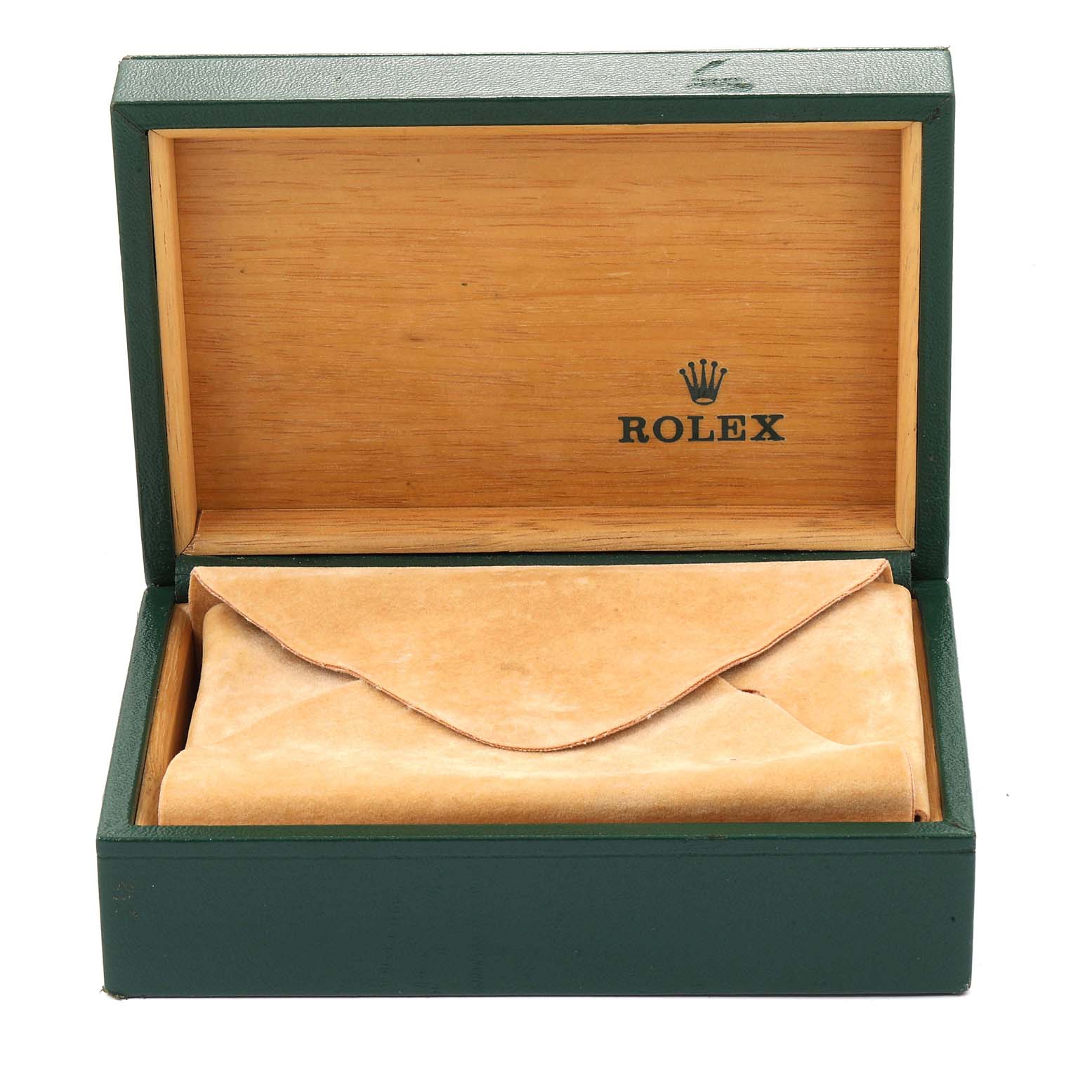 This image shows an open green and wooden Rolex box with the Datejust model watch wrapped in beige paper inside.