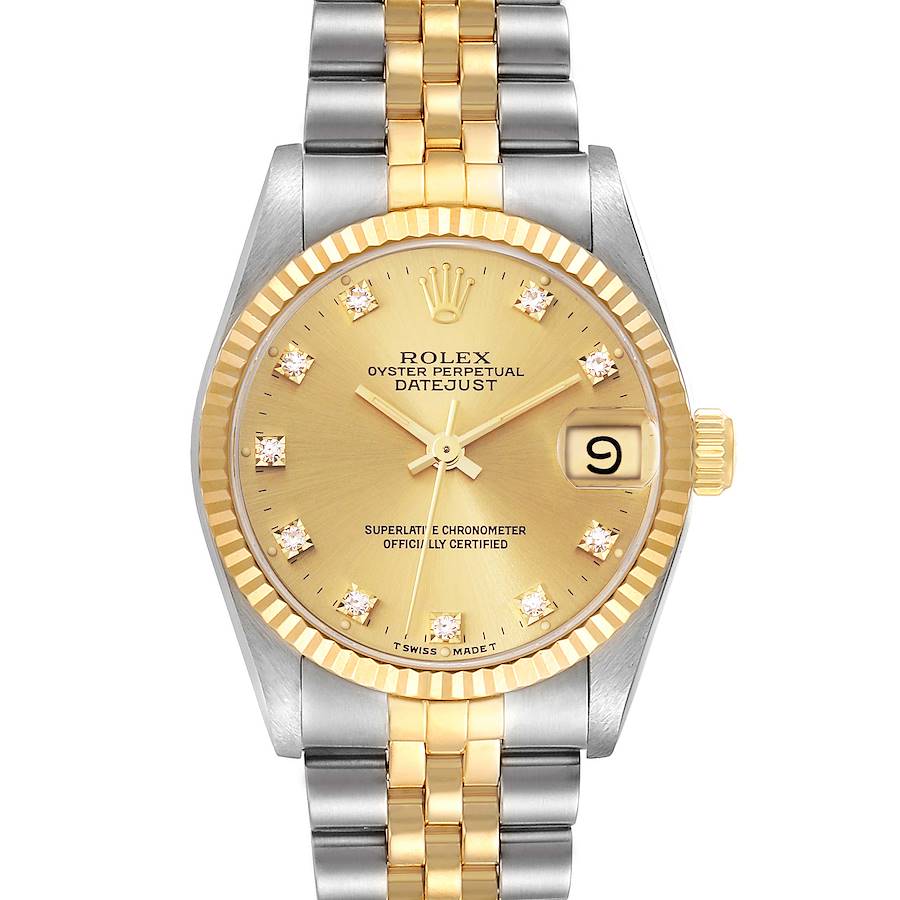 This image shows the front view of a Rolex Oyster Perpetual Datejust Mid-Size watch with a gold and silver bracelet.