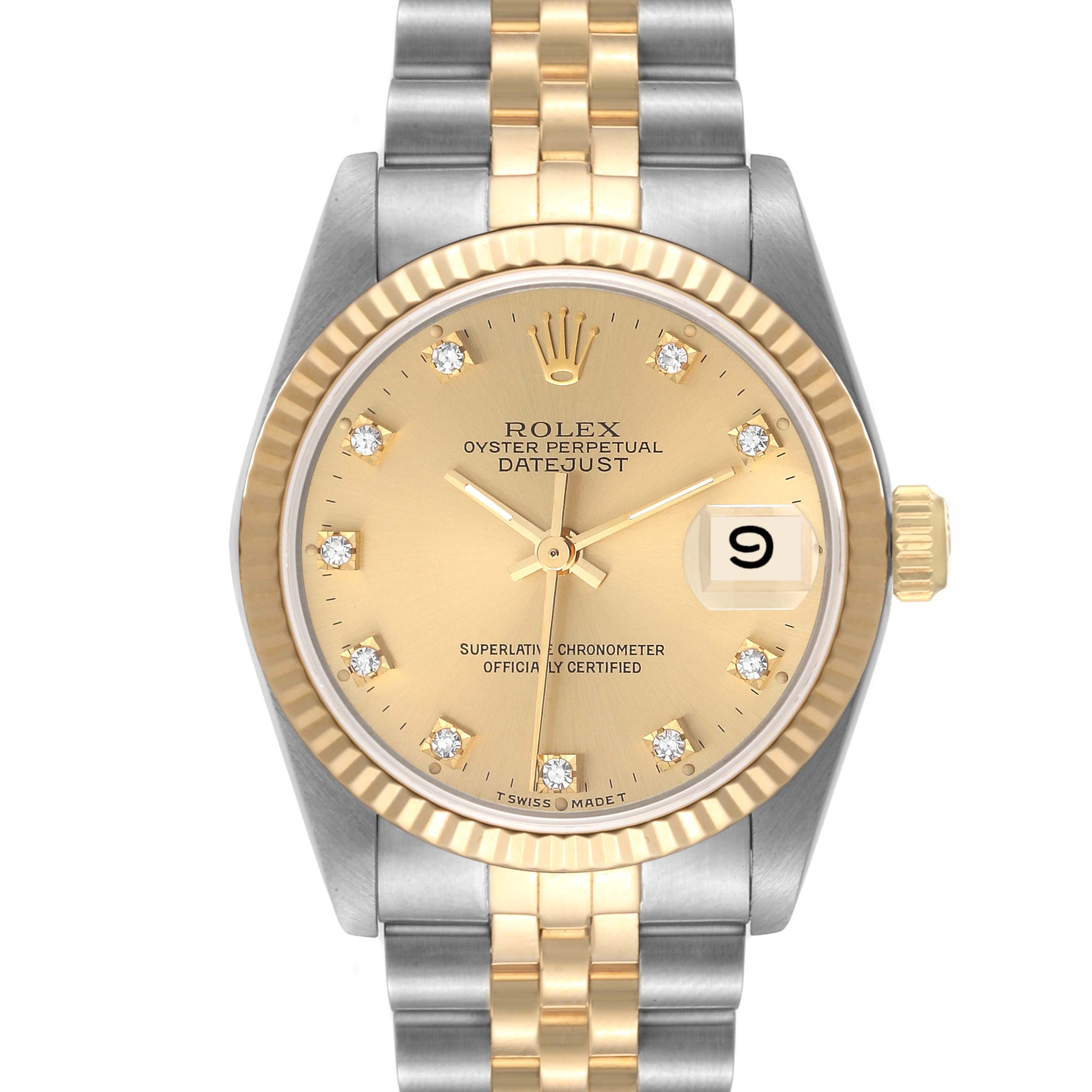 The image shows the front view of a Rolex Mid-Size 68273 Women
s Steel and Gold (two tone) Champagne Dial 68273 Women
s Steel and Gold (two tone) Champagne Dial Datejust, highlighting its face, bezel, and two-tone bracelet.