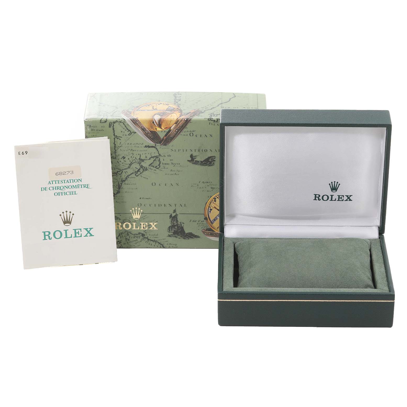 The image shows the green box, the open box interior, and the certification booklet for the Mid-Size Rolex watch.