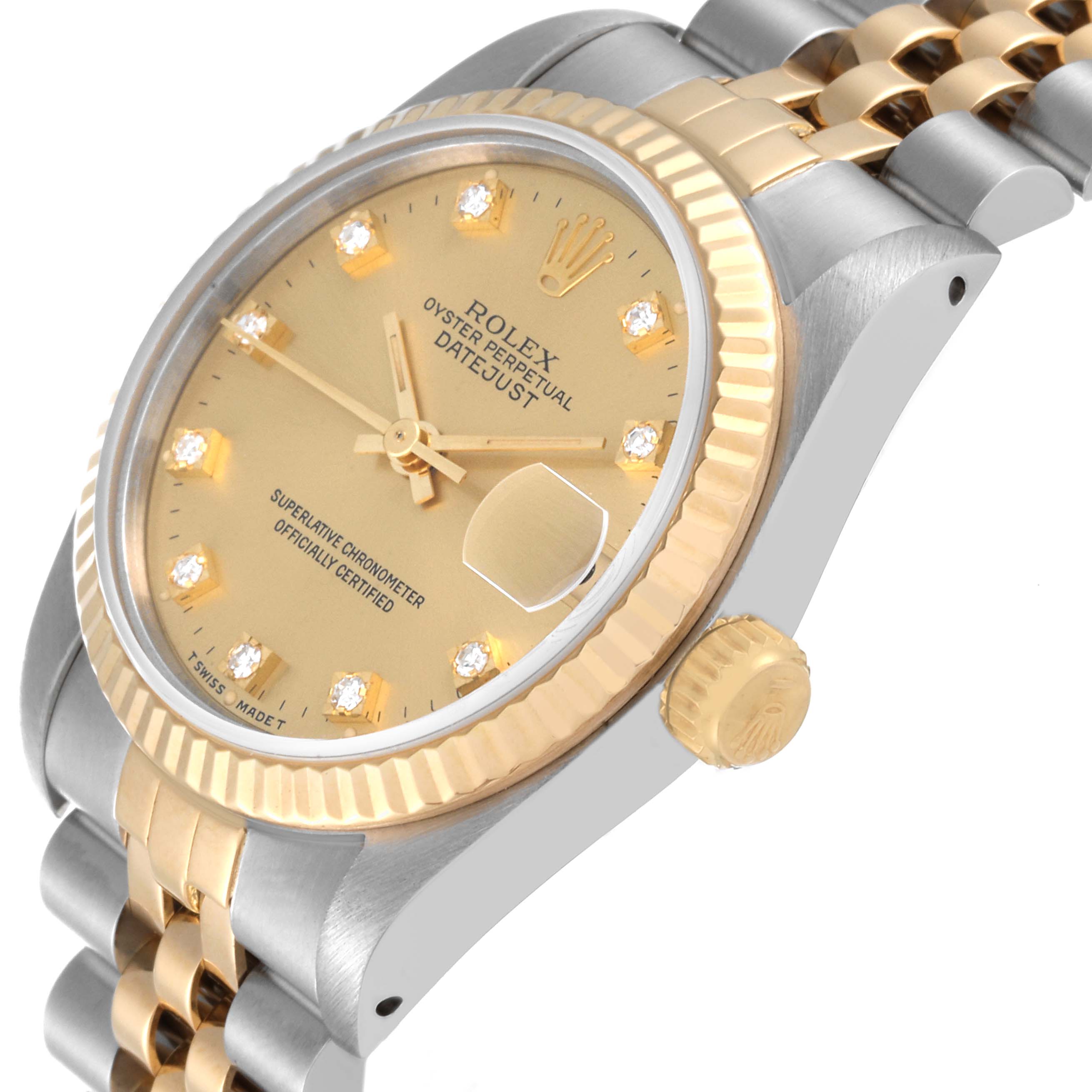 The image shows a side angle of a mid-size Rolex Datejust watch, highlighting the crown, bezel, dial, and part of the bracelet.